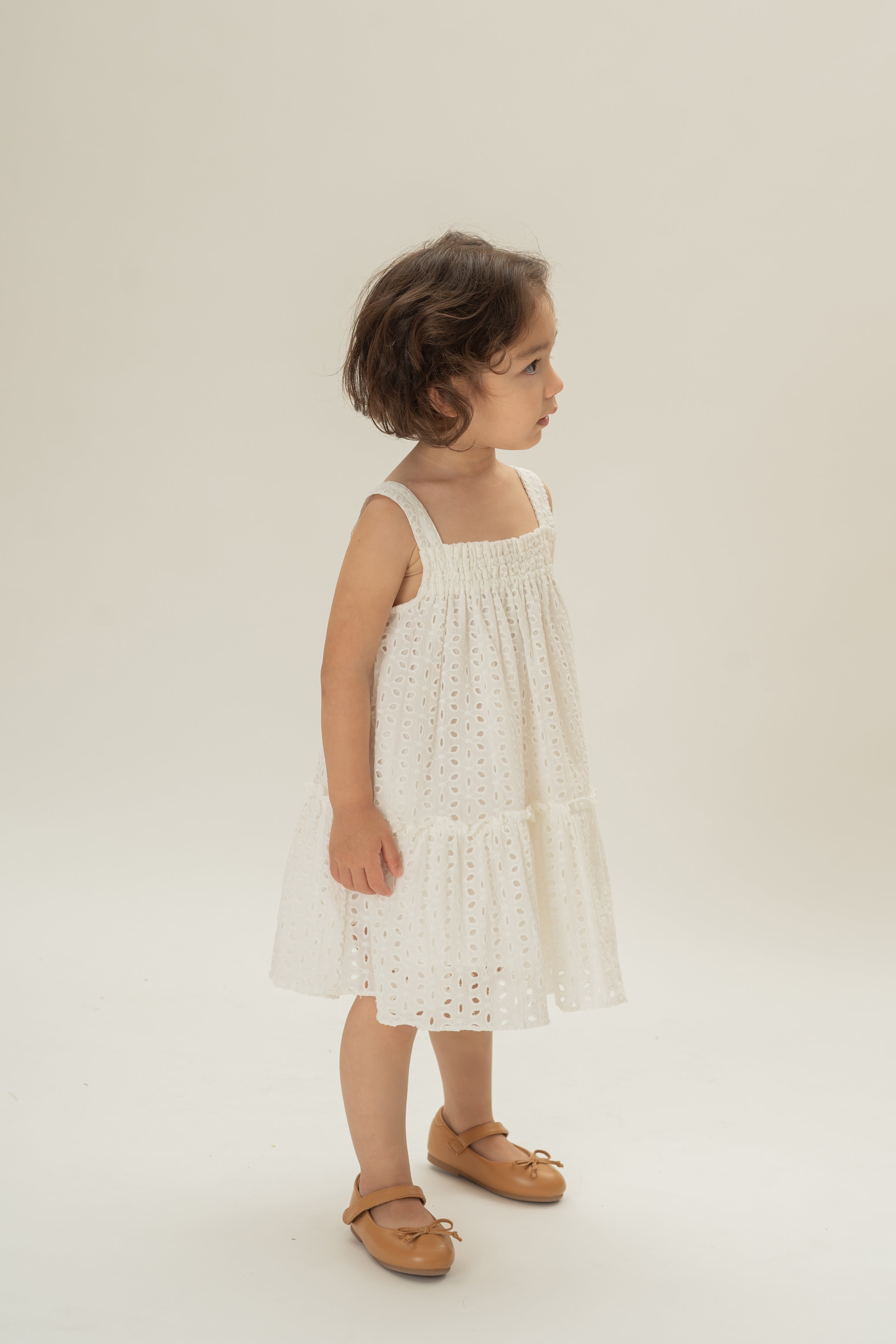 Mini Frilled Tiered Dress in Broderie White