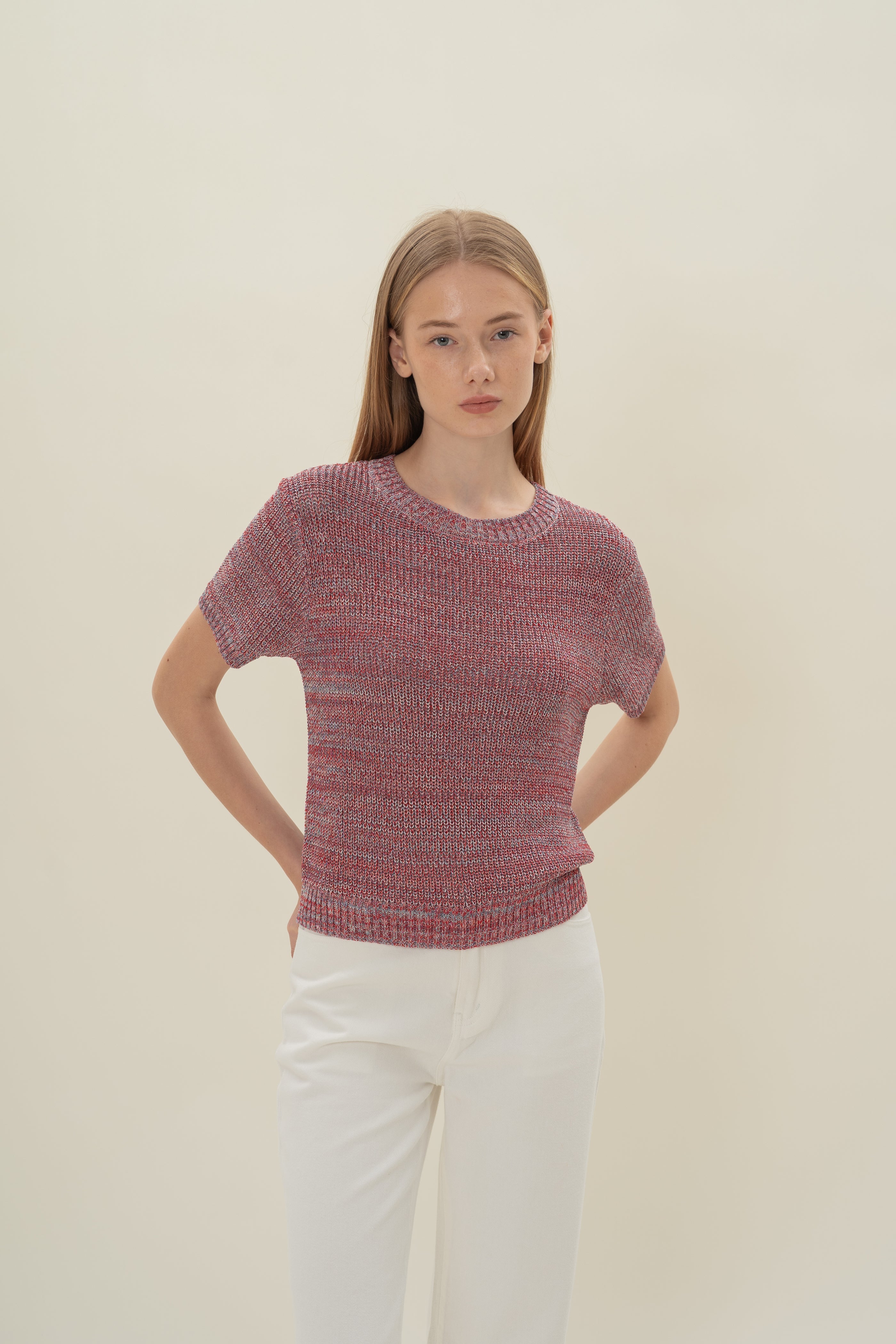 Round Neck Melange Knit Top in Red Valley