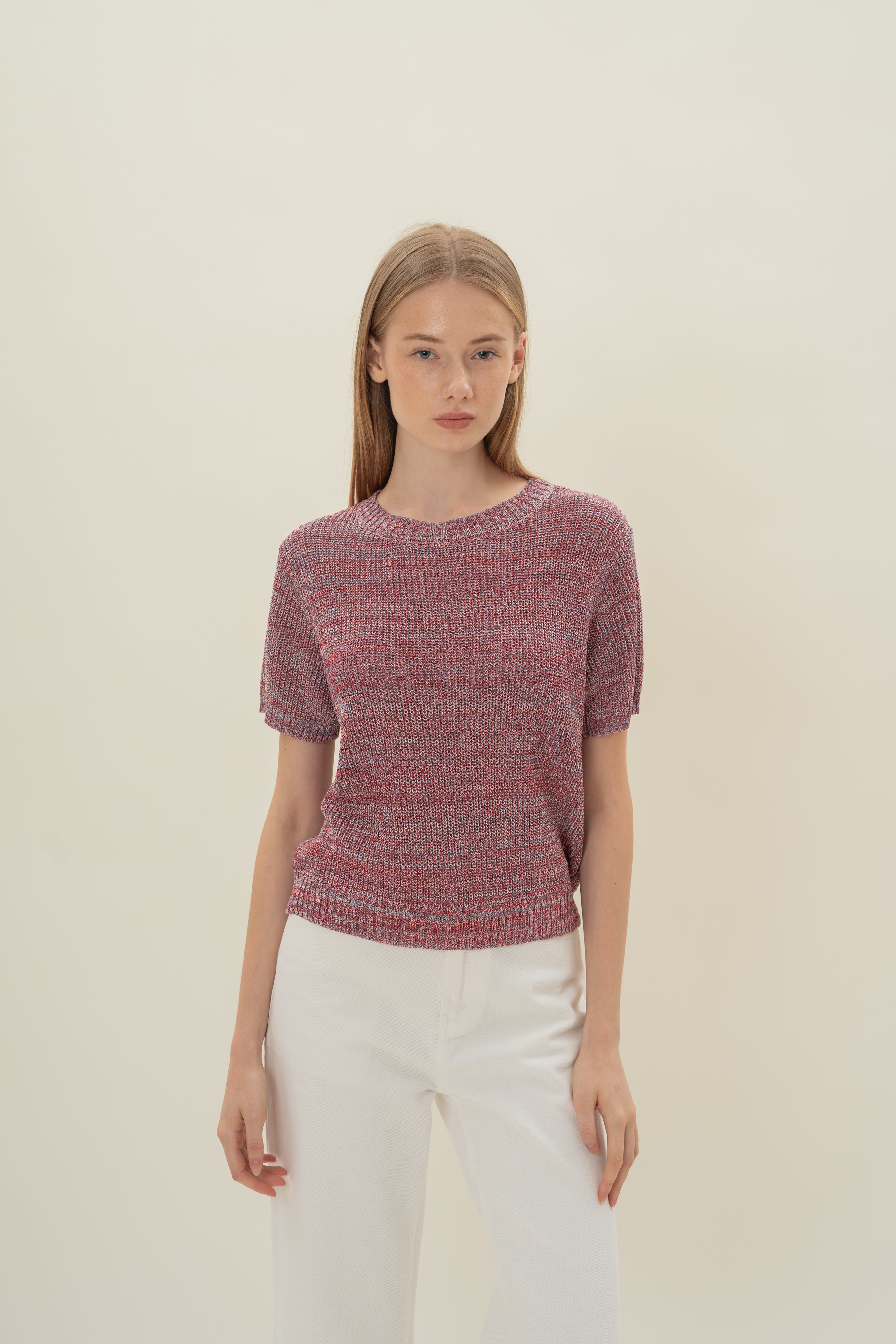 Round Neck Melange Knit Top in Red Valley