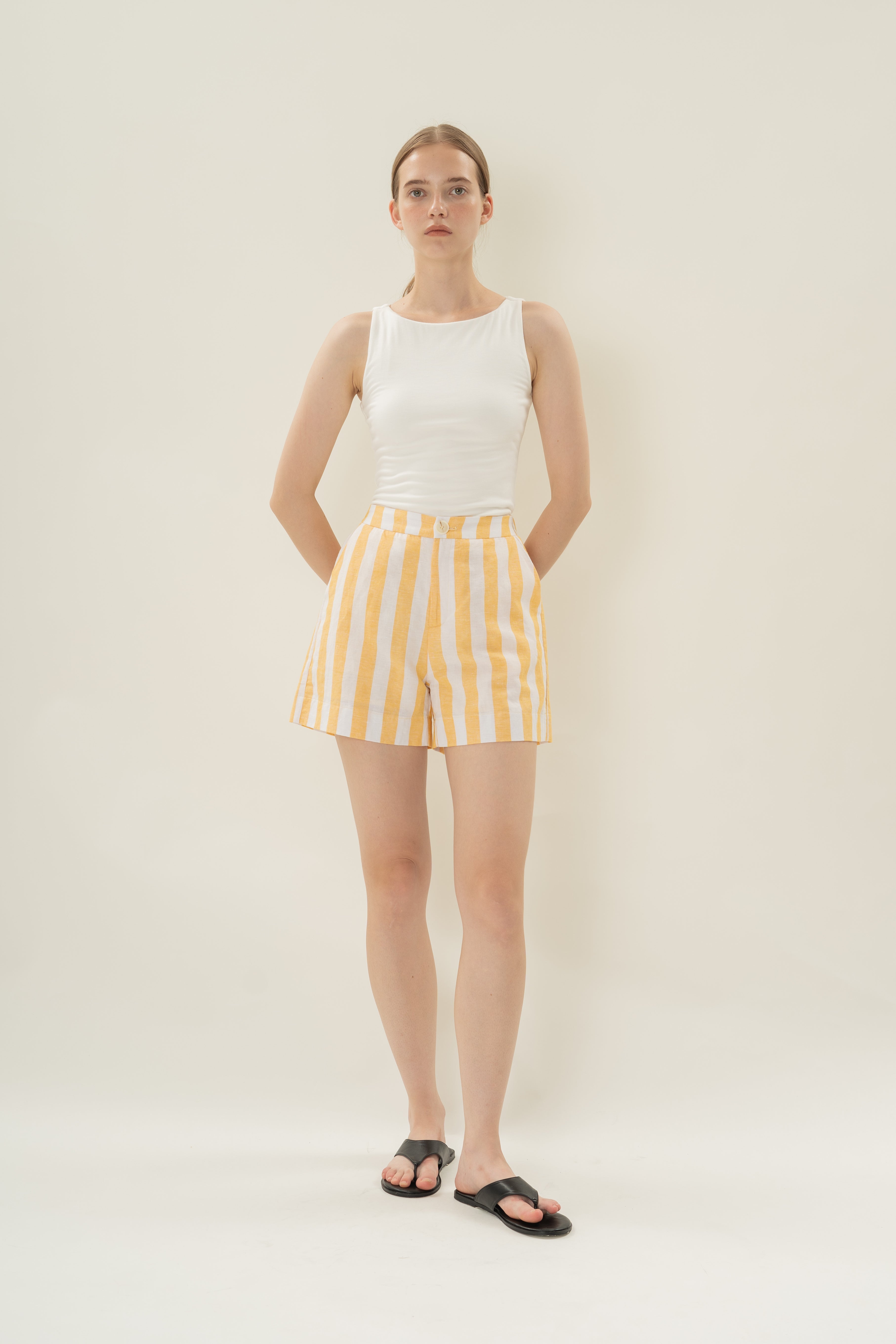 Tailored Elasticated Shorts in Yellow Stripes