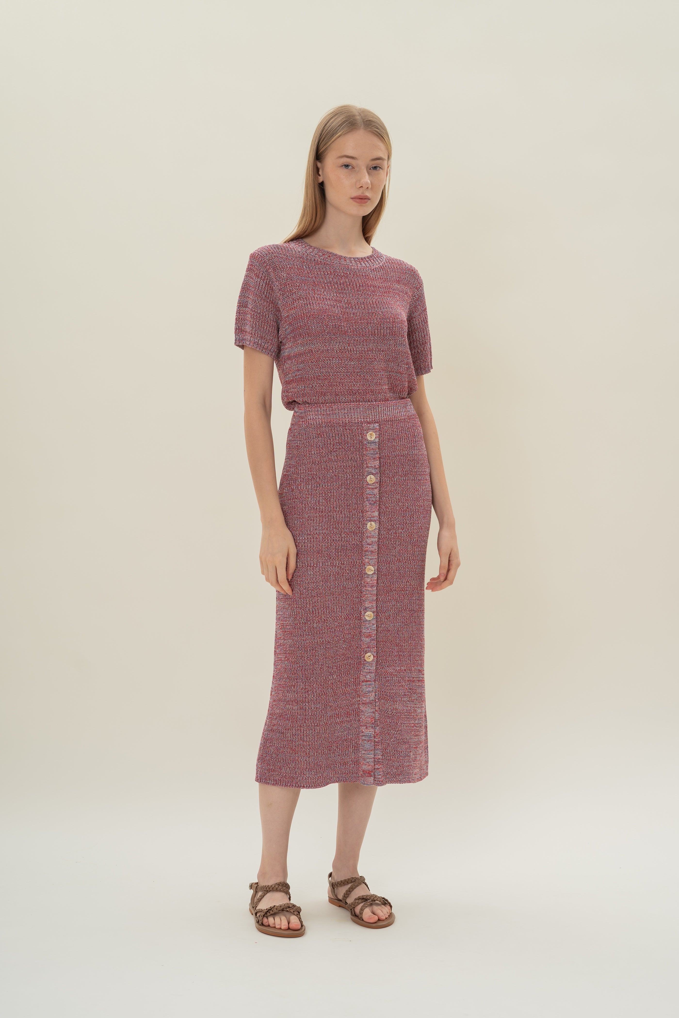 Button Melange Knit Skirt in Red Valley