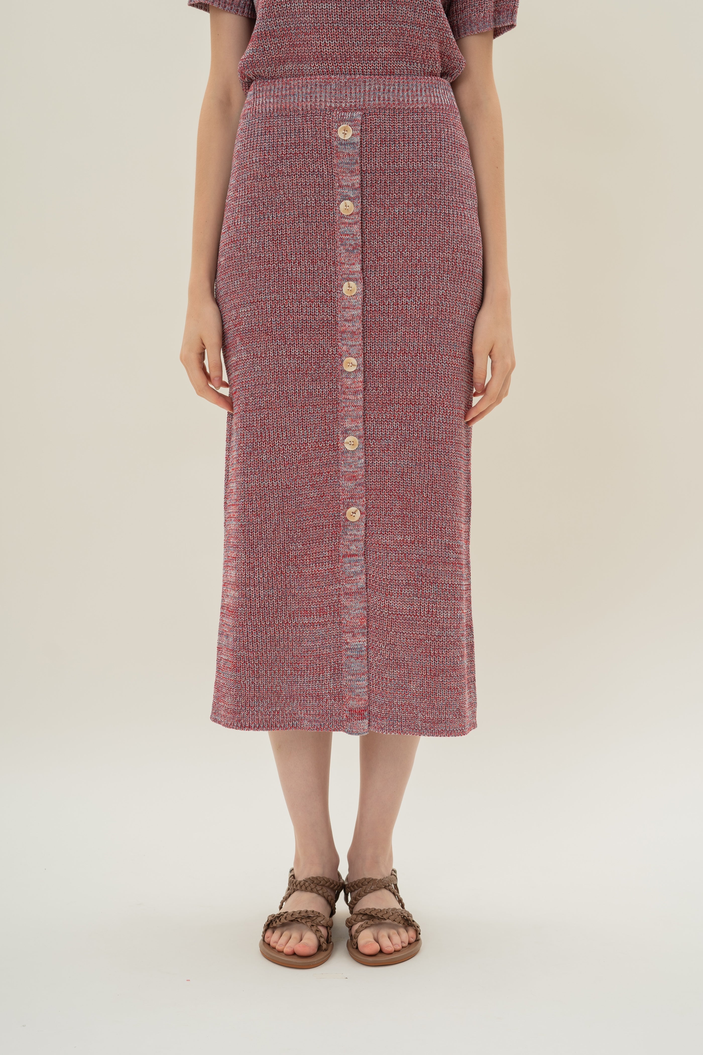 Button Melange Knit Skirt in Red Valley