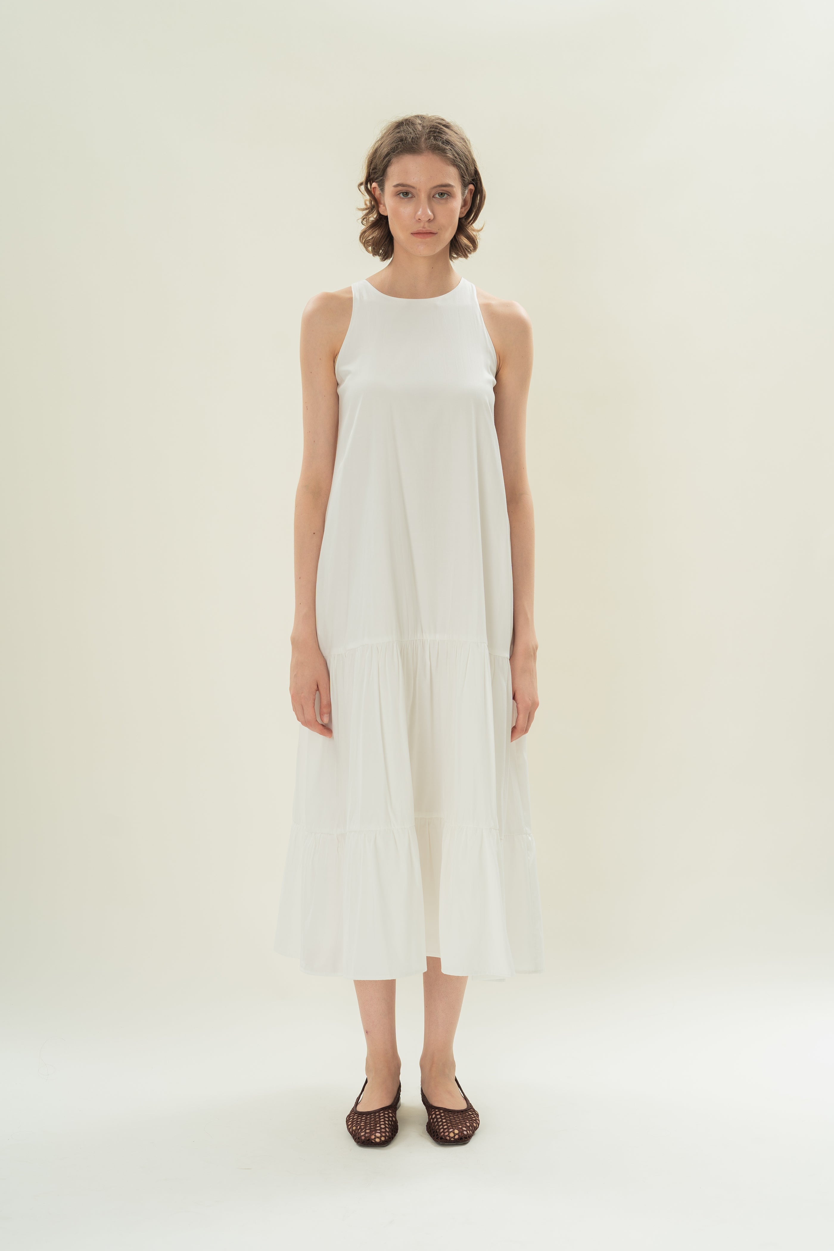 Cotton Blend Tiered Maxi Dress in White