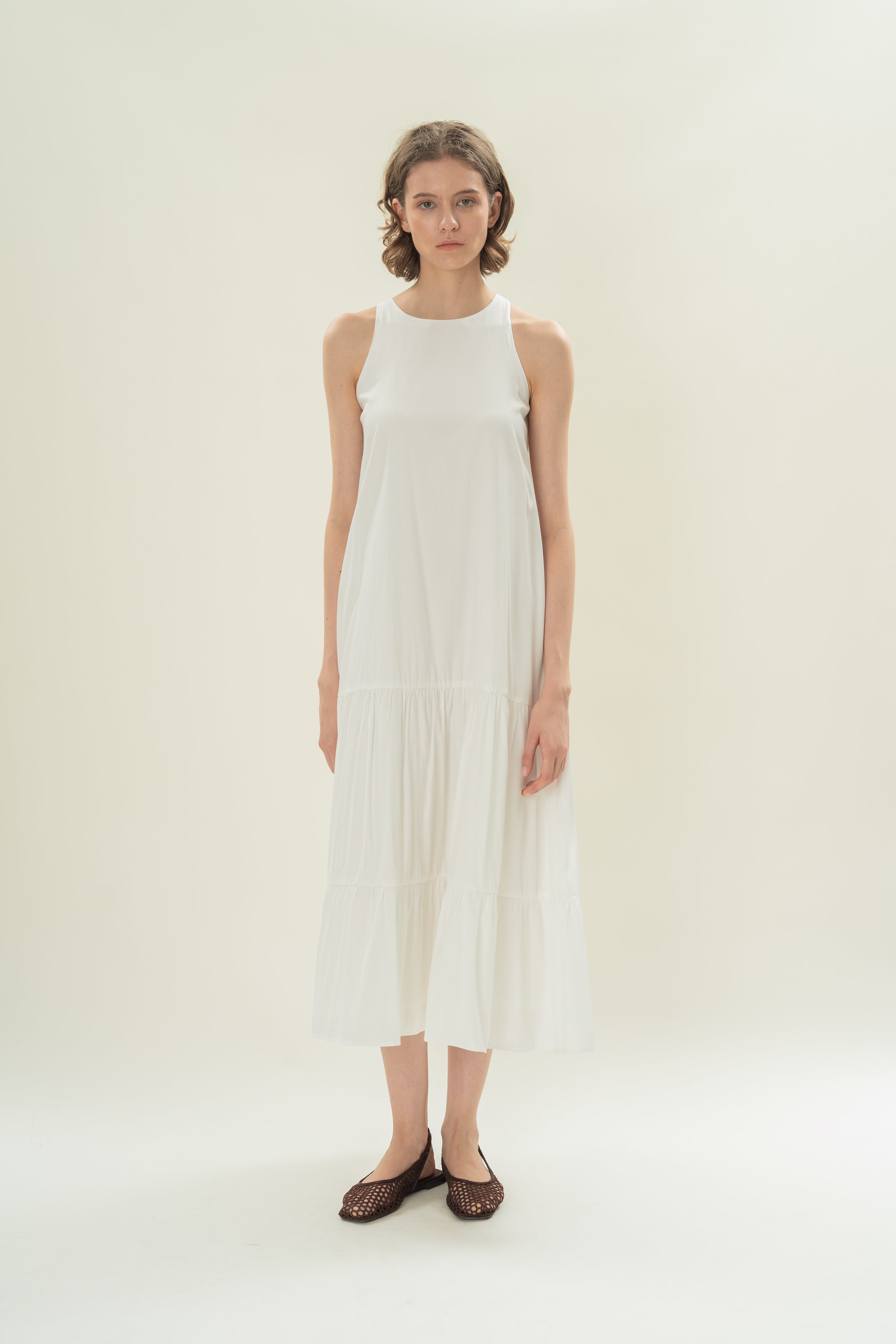 Cotton Blend Tiered Maxi Dress in White