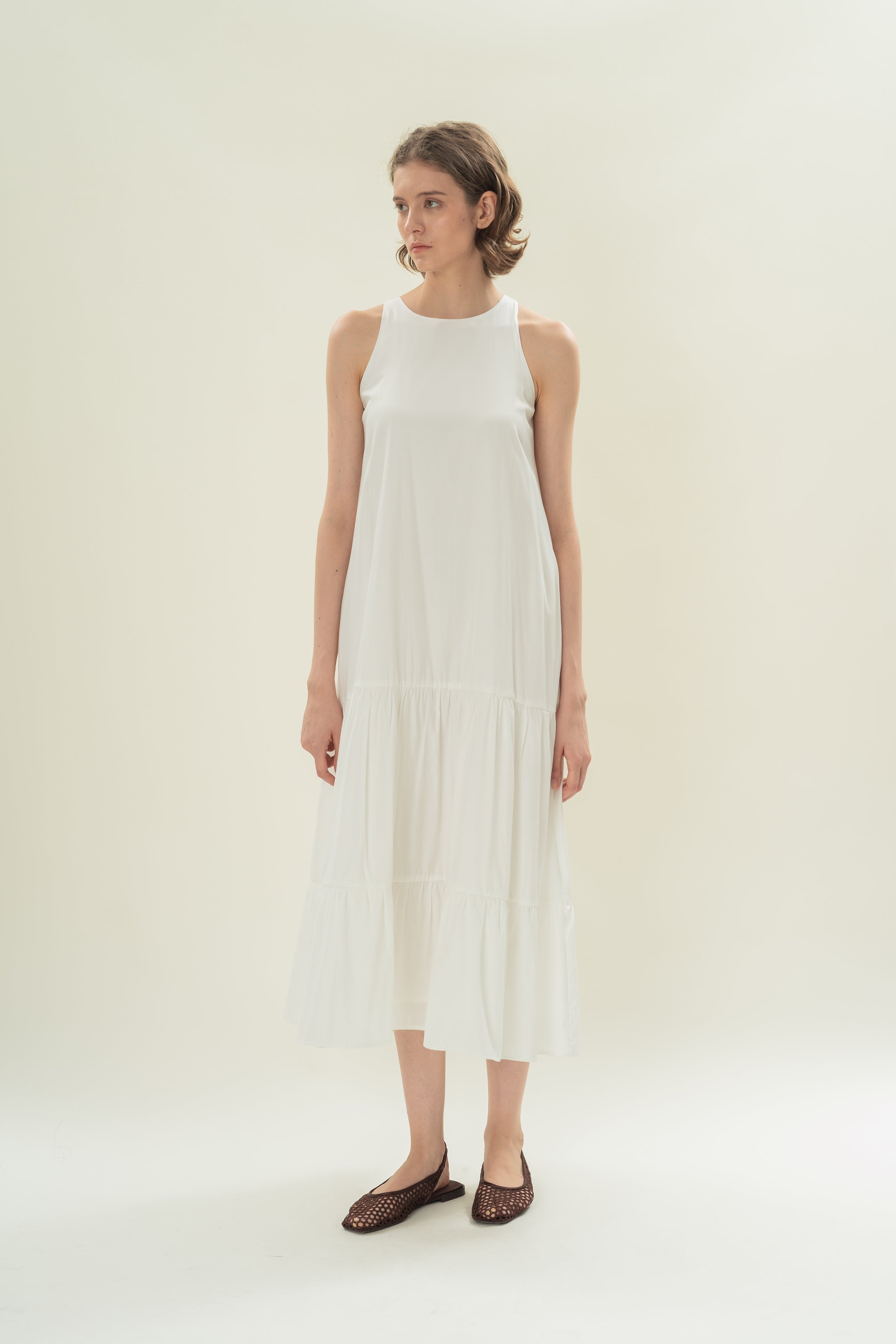 Cotton Blend Tiered Maxi Dress in White