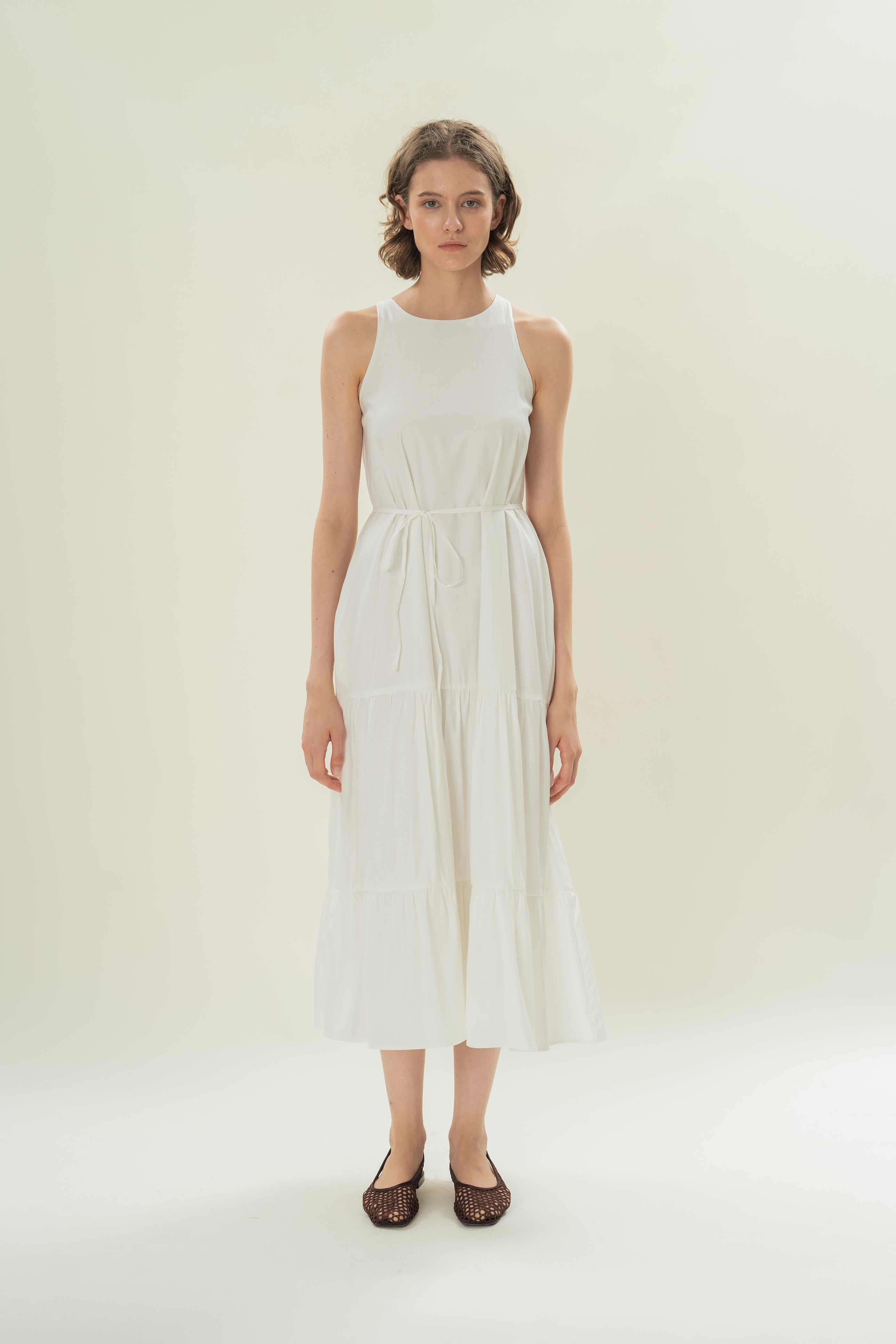 Cotton Blend Tiered Maxi Dress in White