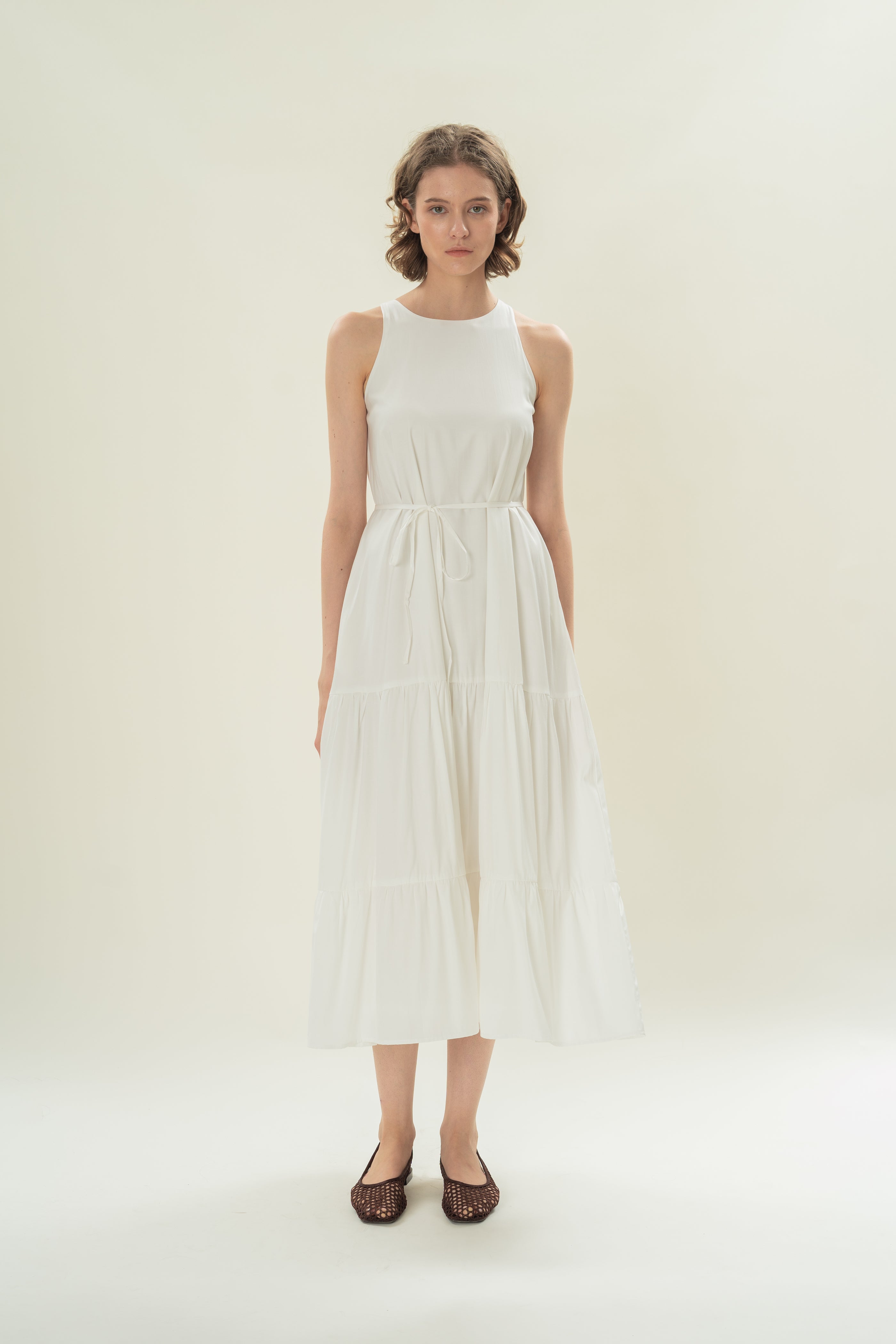 Cotton Blend Tiered Maxi Dress in White