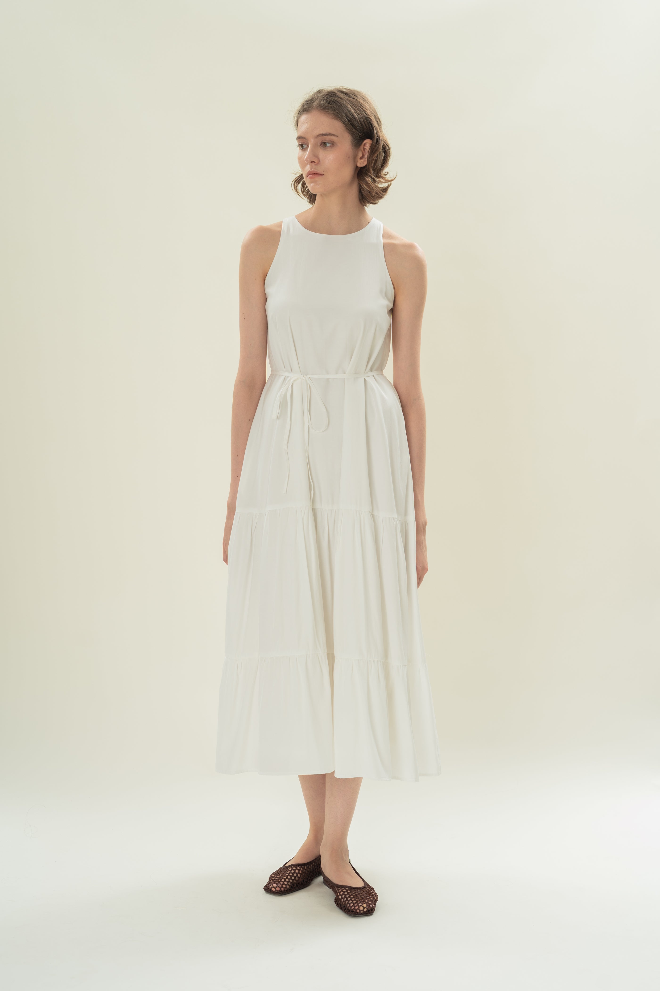 Cotton Blend Tiered Maxi Dress in White