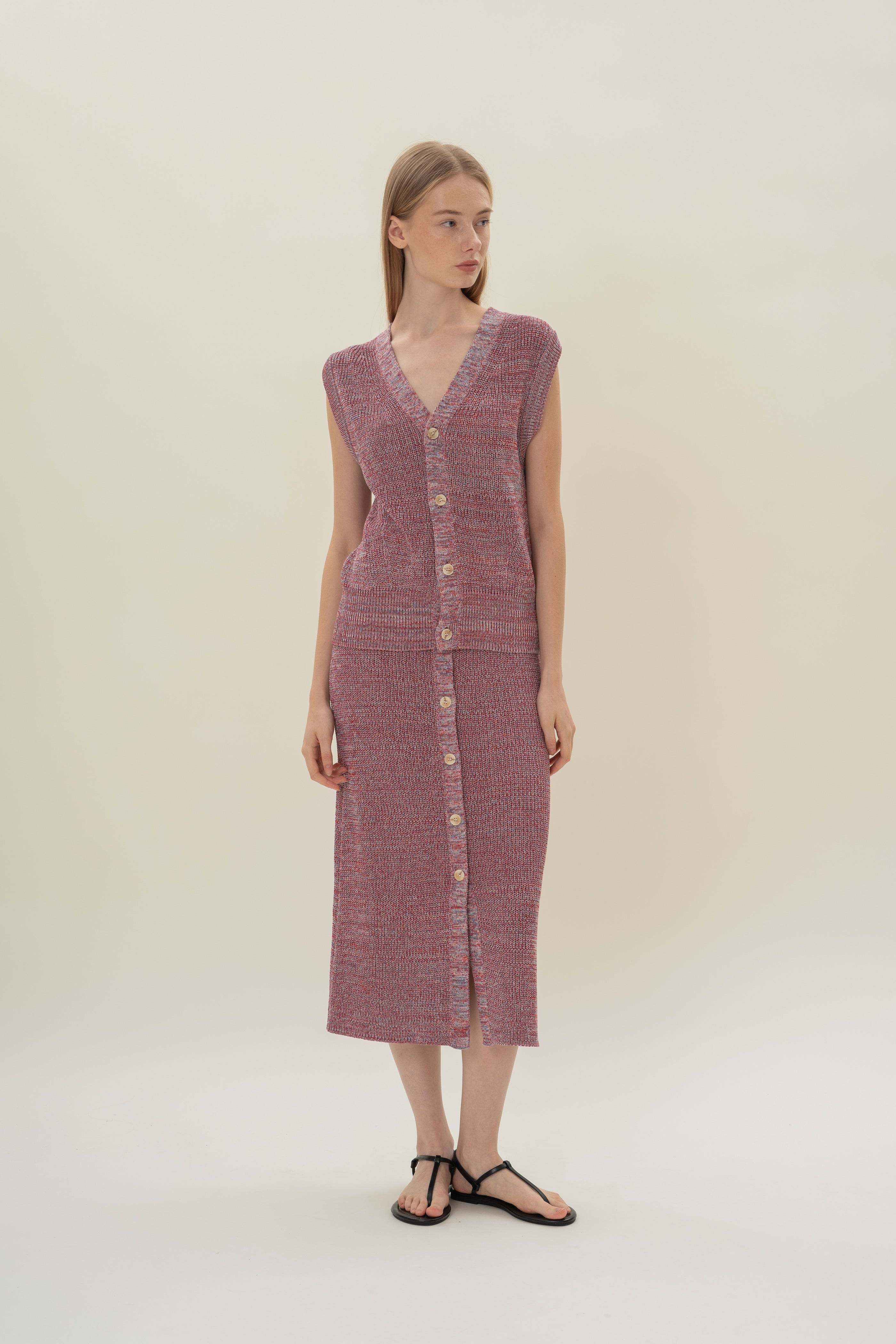 Button Melange Knit Vest in Red Valley