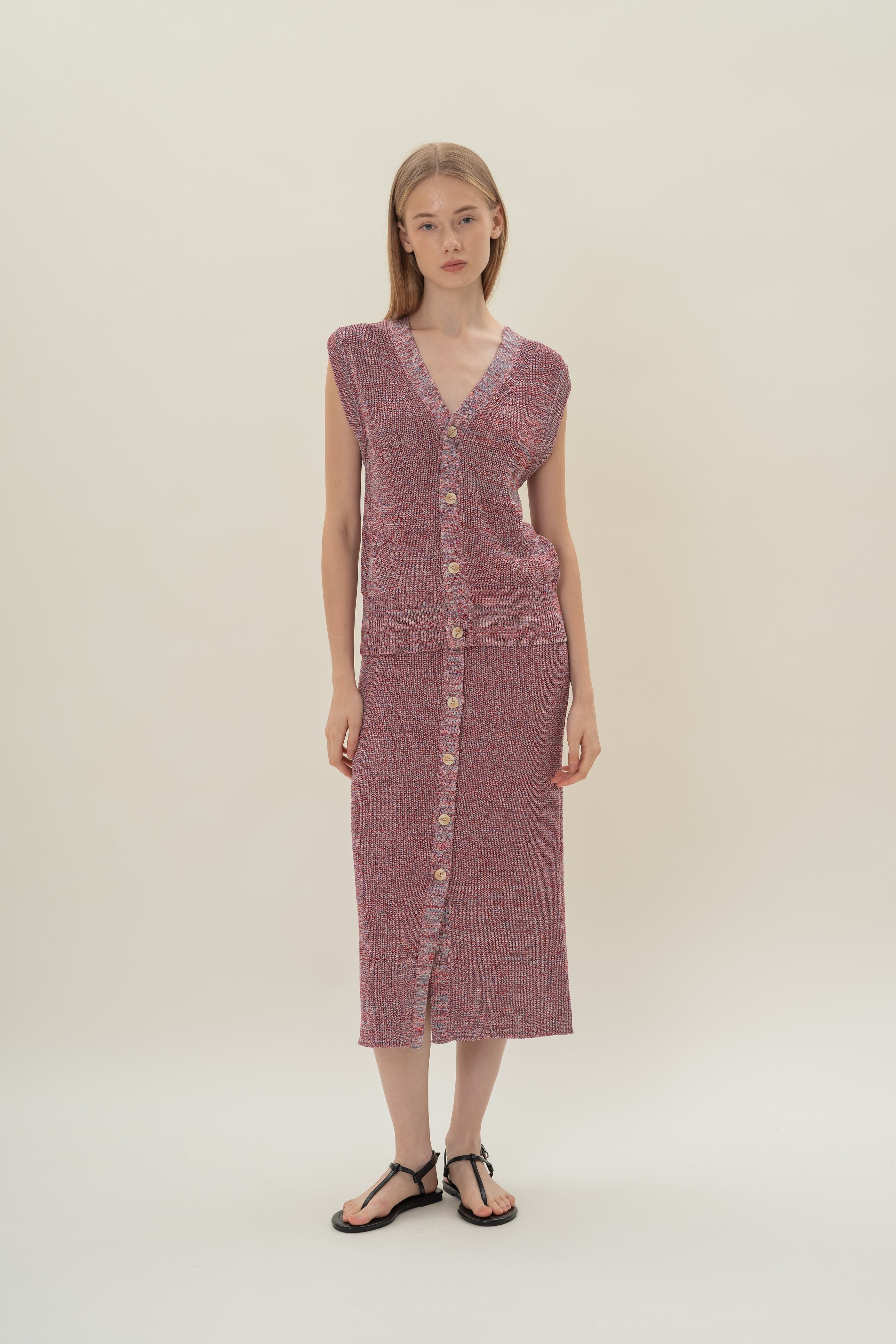 Button Melange Knit Vest in Red Valley