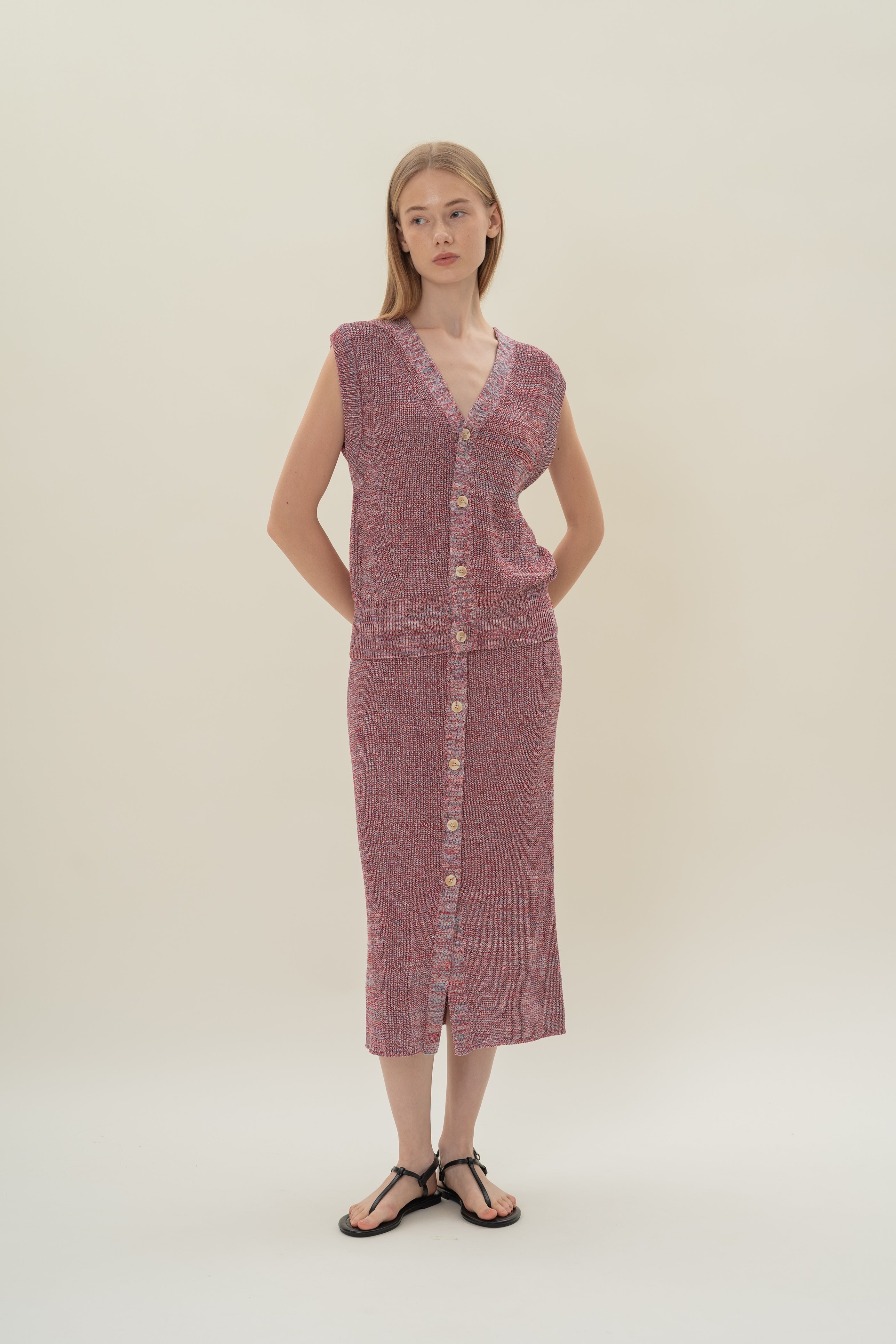 Button Melange Knit Vest in Red Valley