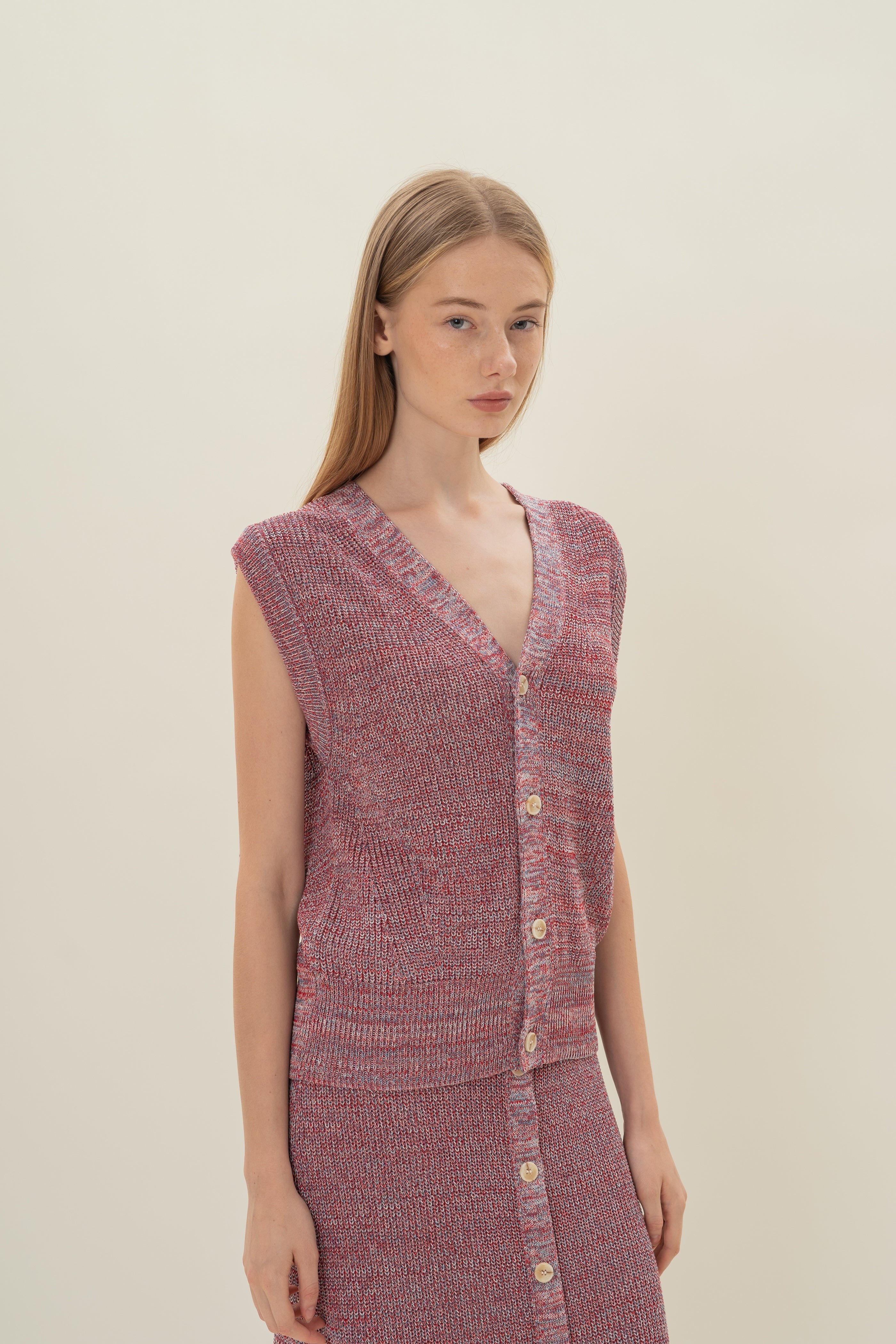 Button Melange Knit Vest in Red Valley