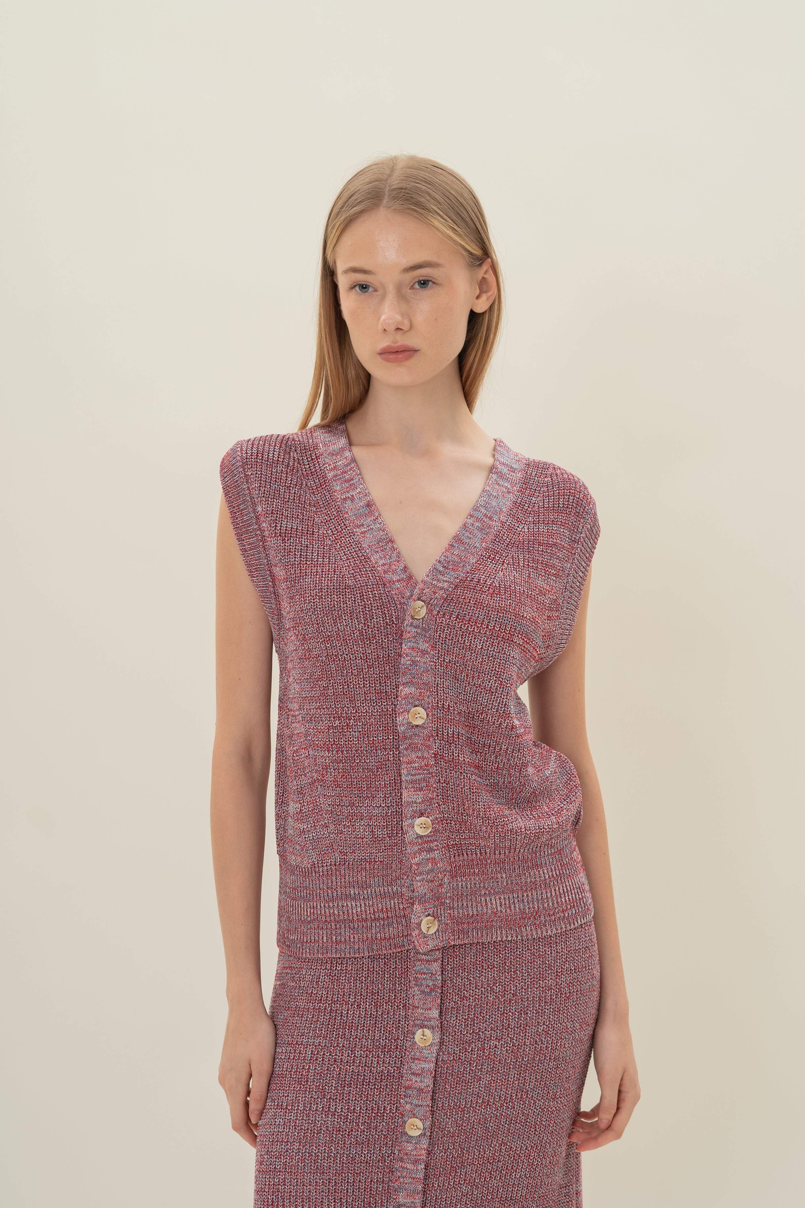 Button Melange Knit Vest in Red Valley