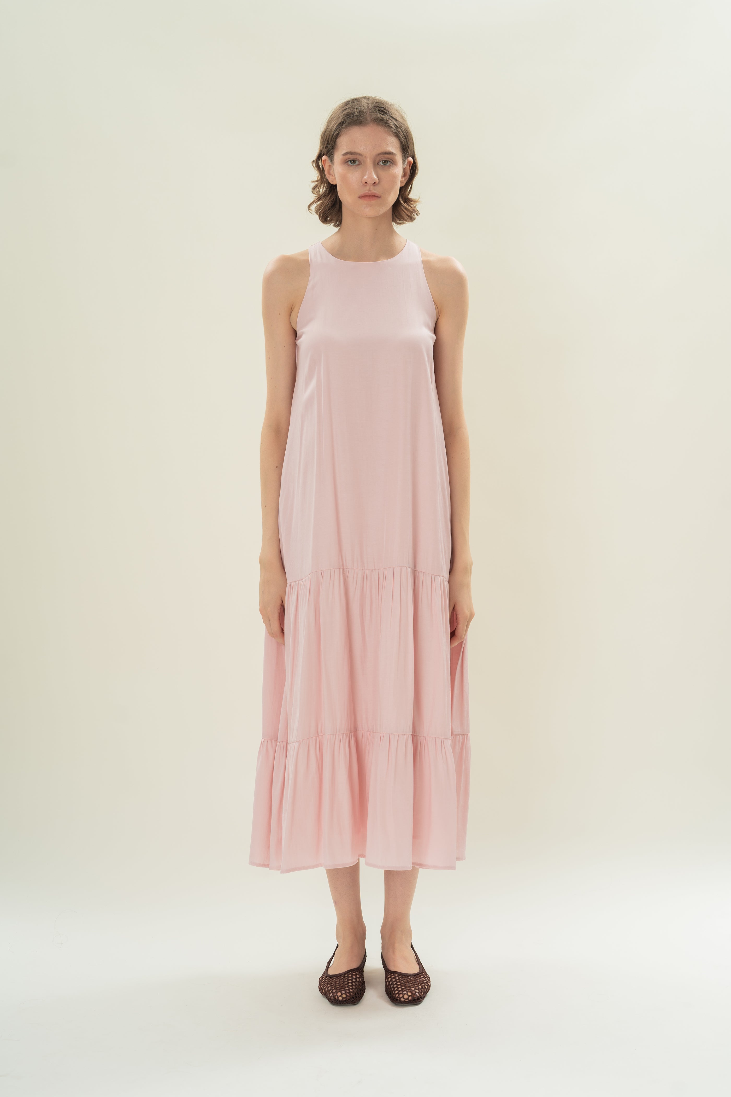 Cotton Blend Tiered Maxi Dress in Soft Pink