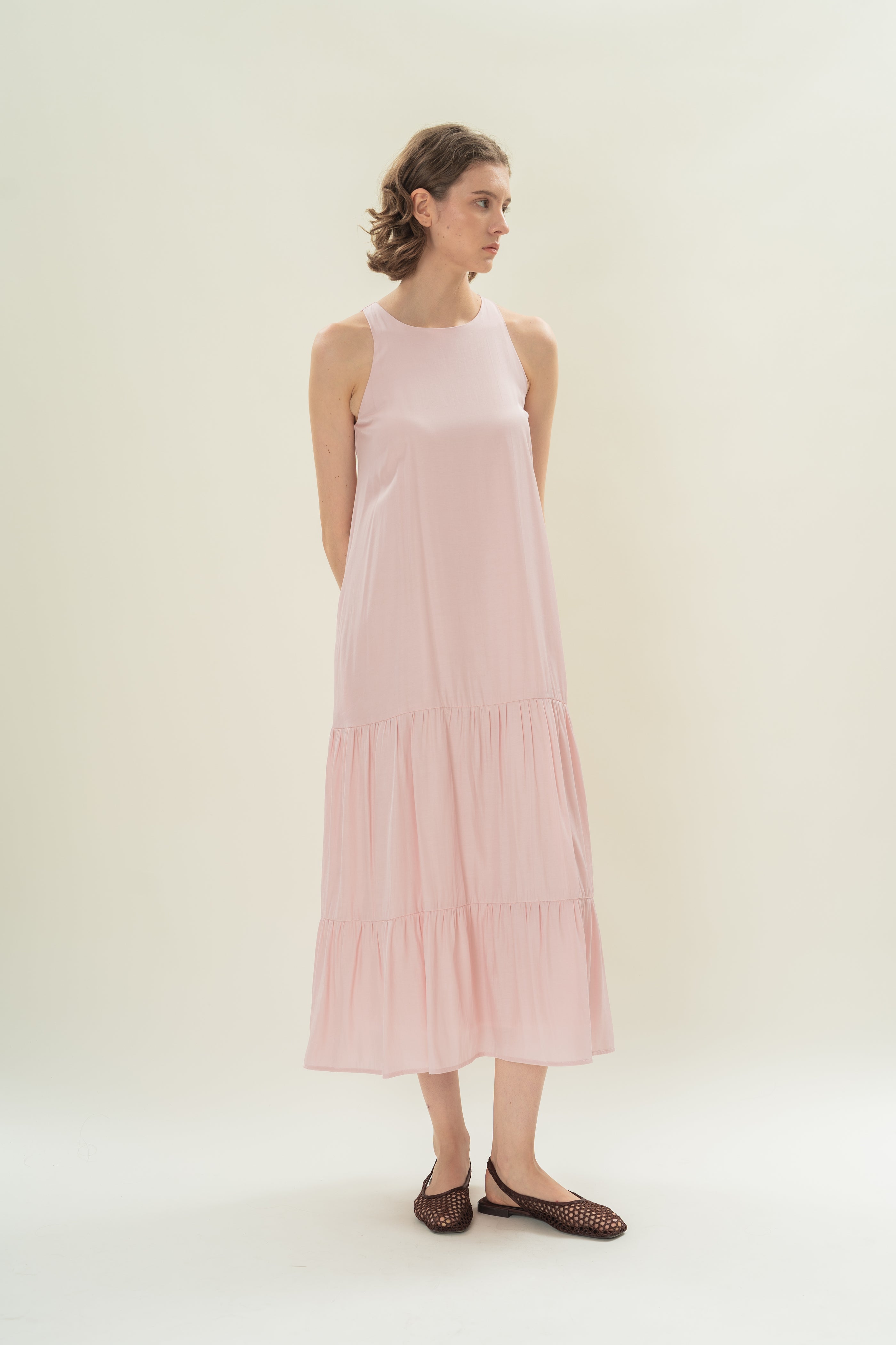 Cotton Blend Tiered Maxi Dress in Soft Pink