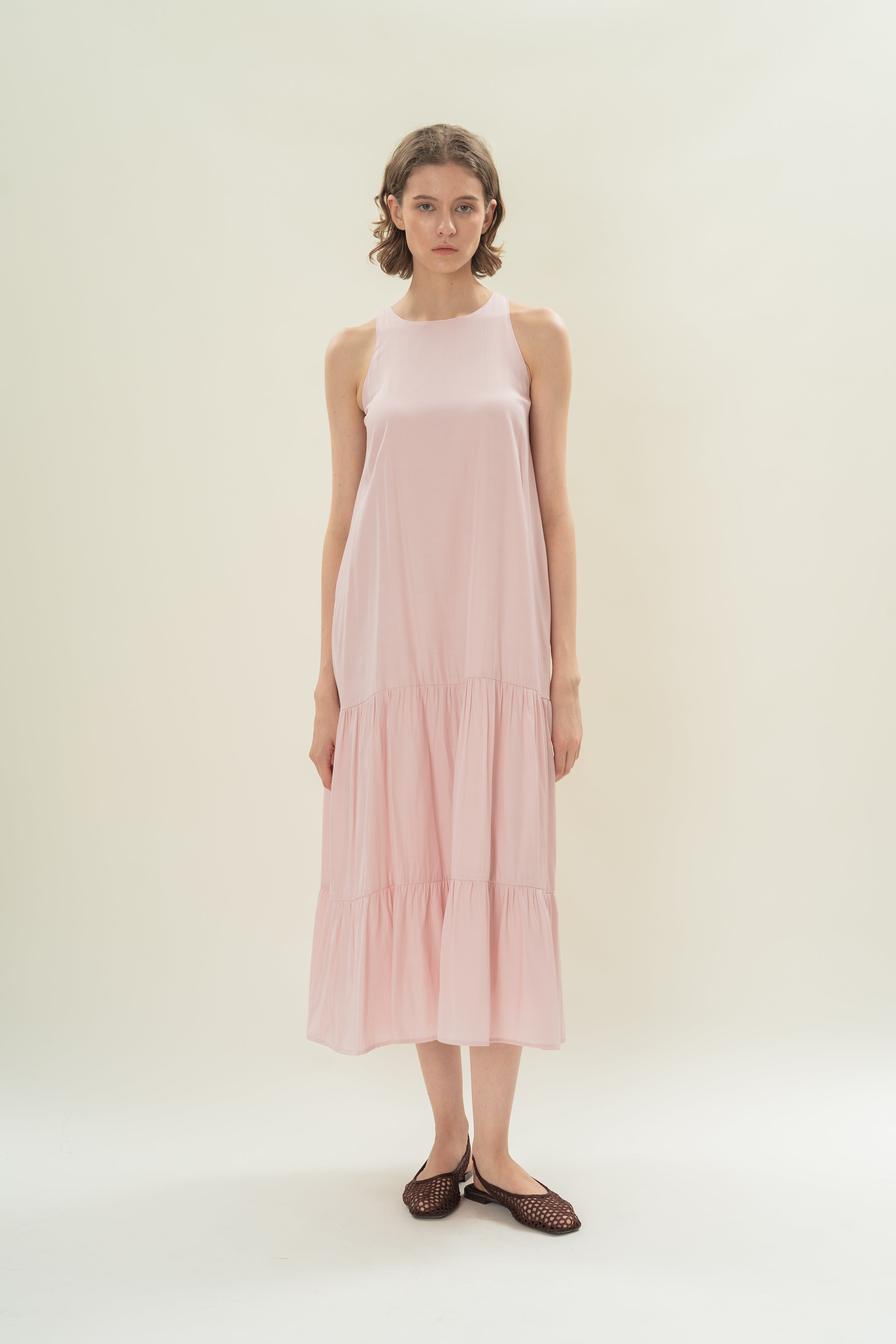 Cotton Blend Tiered Maxi Dress in Soft Pink