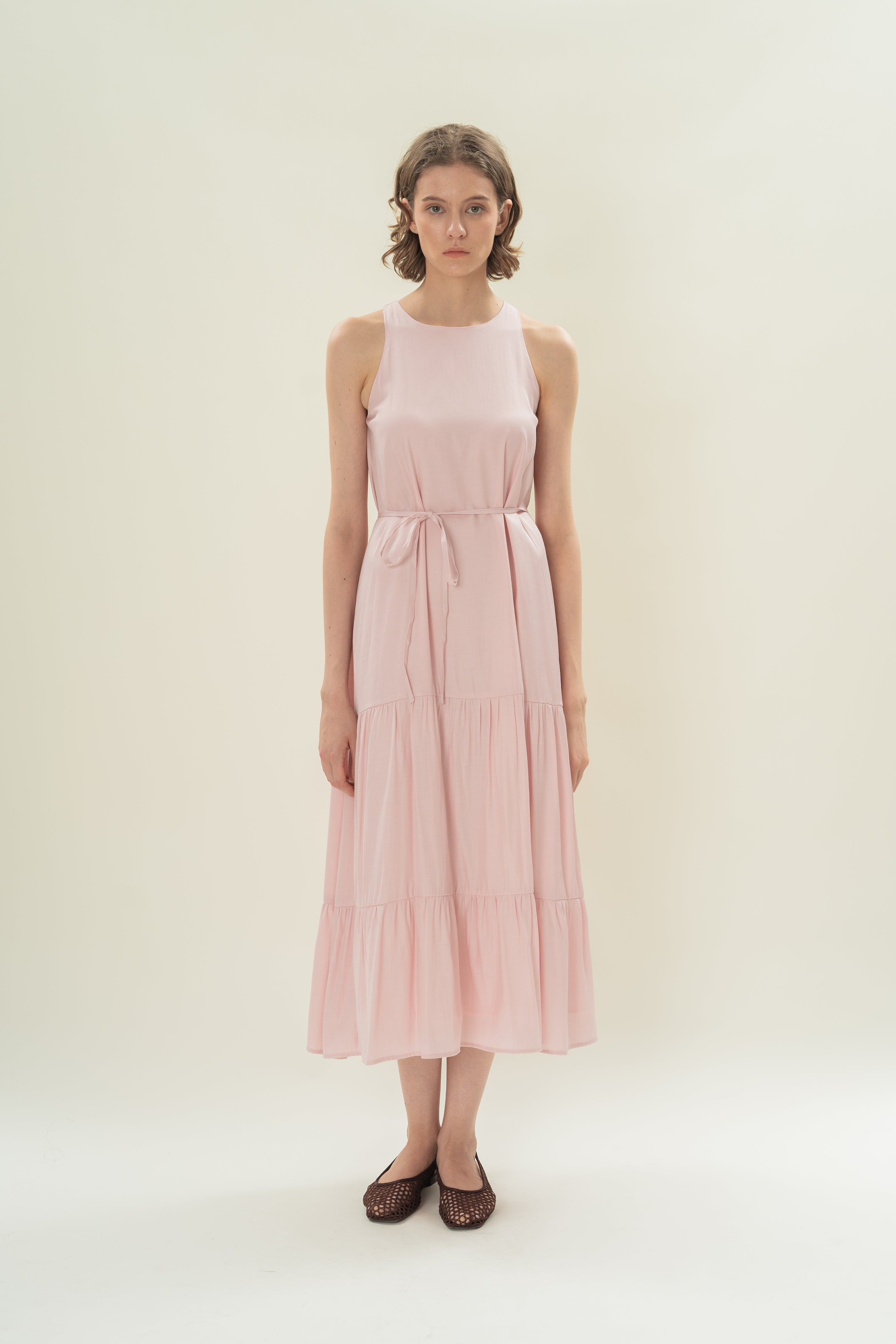 Cotton Blend Tiered Maxi Dress in Soft Pink