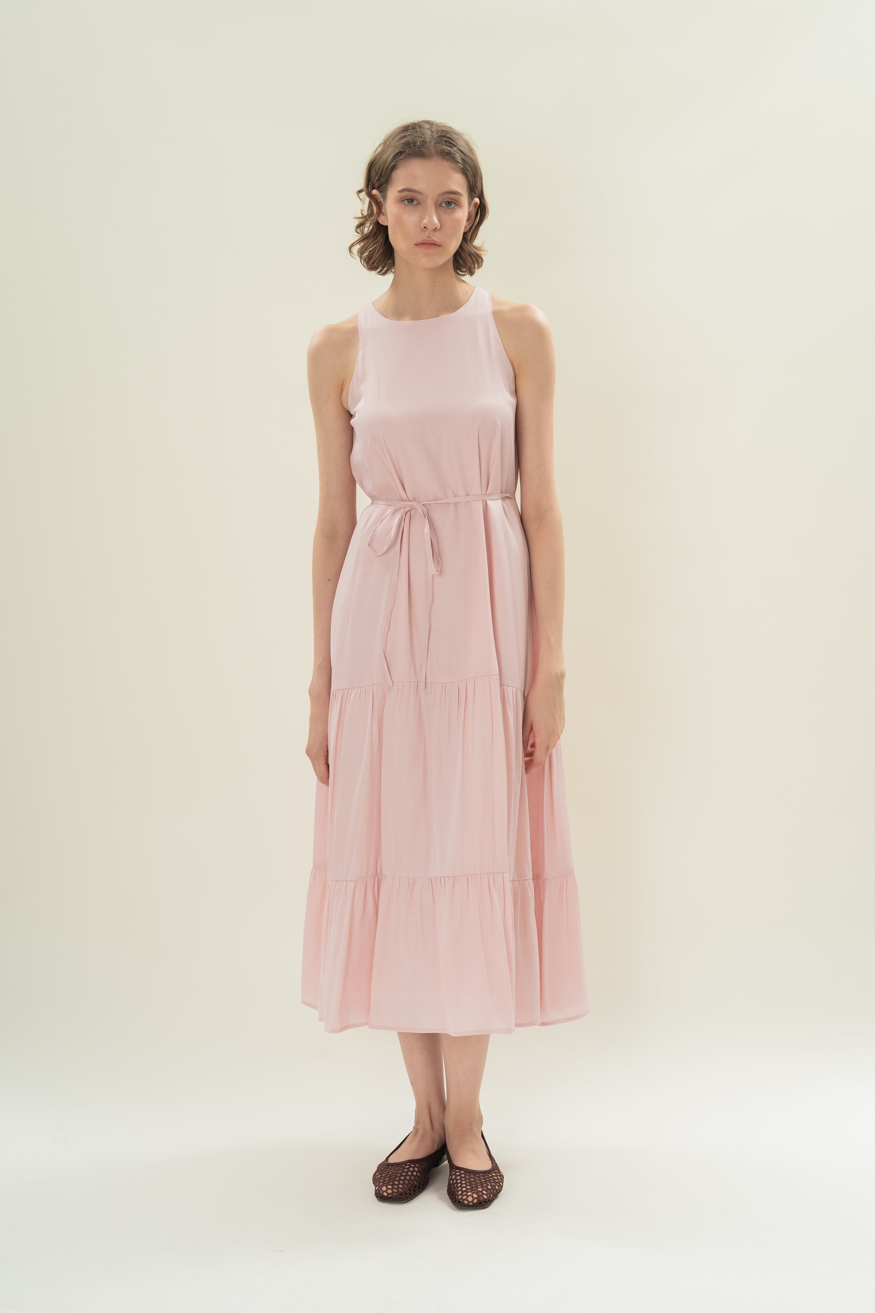 Cotton Blend Tiered Maxi Dress in Soft Pink