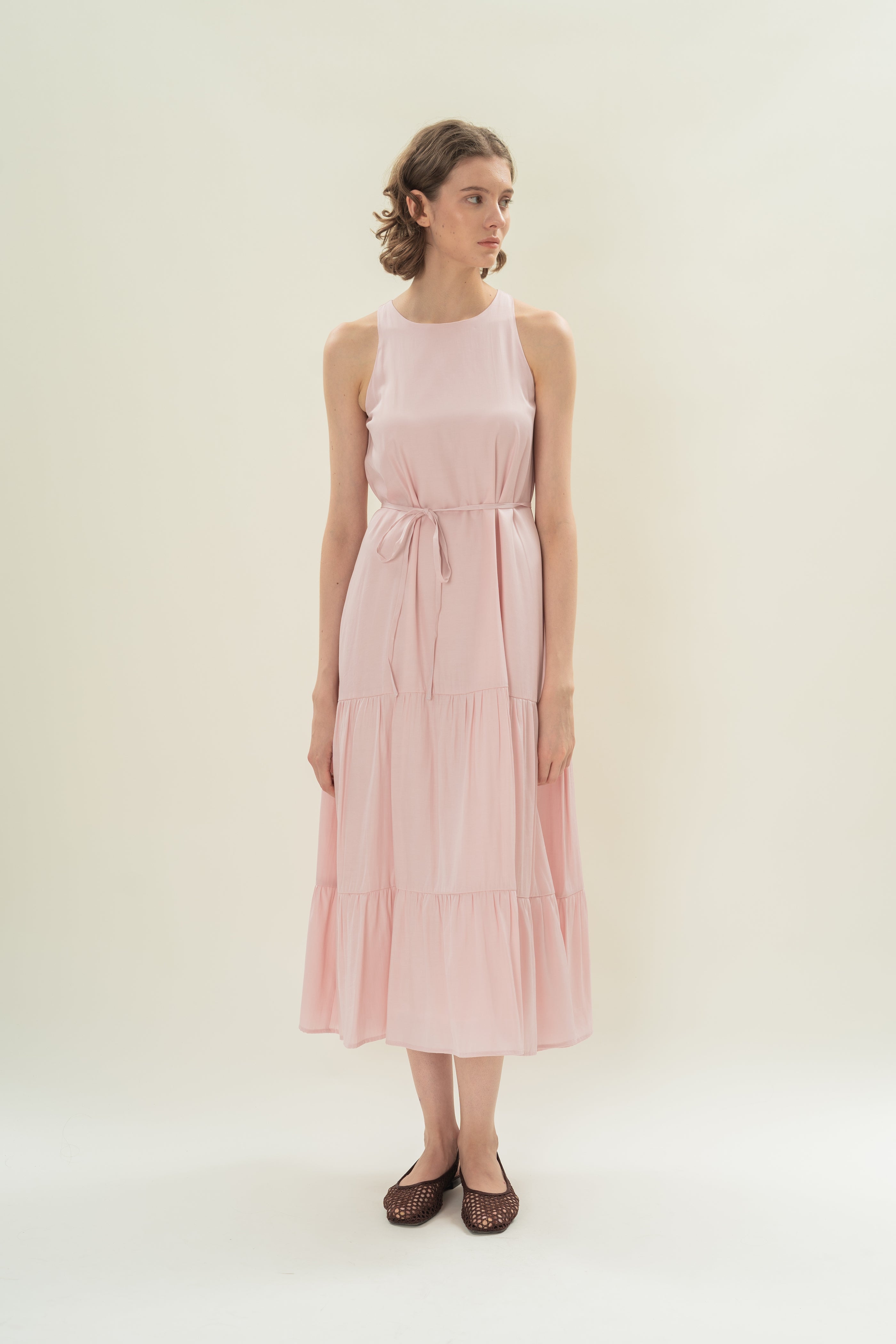 Cotton Blend Tiered Maxi Dress in Soft Pink