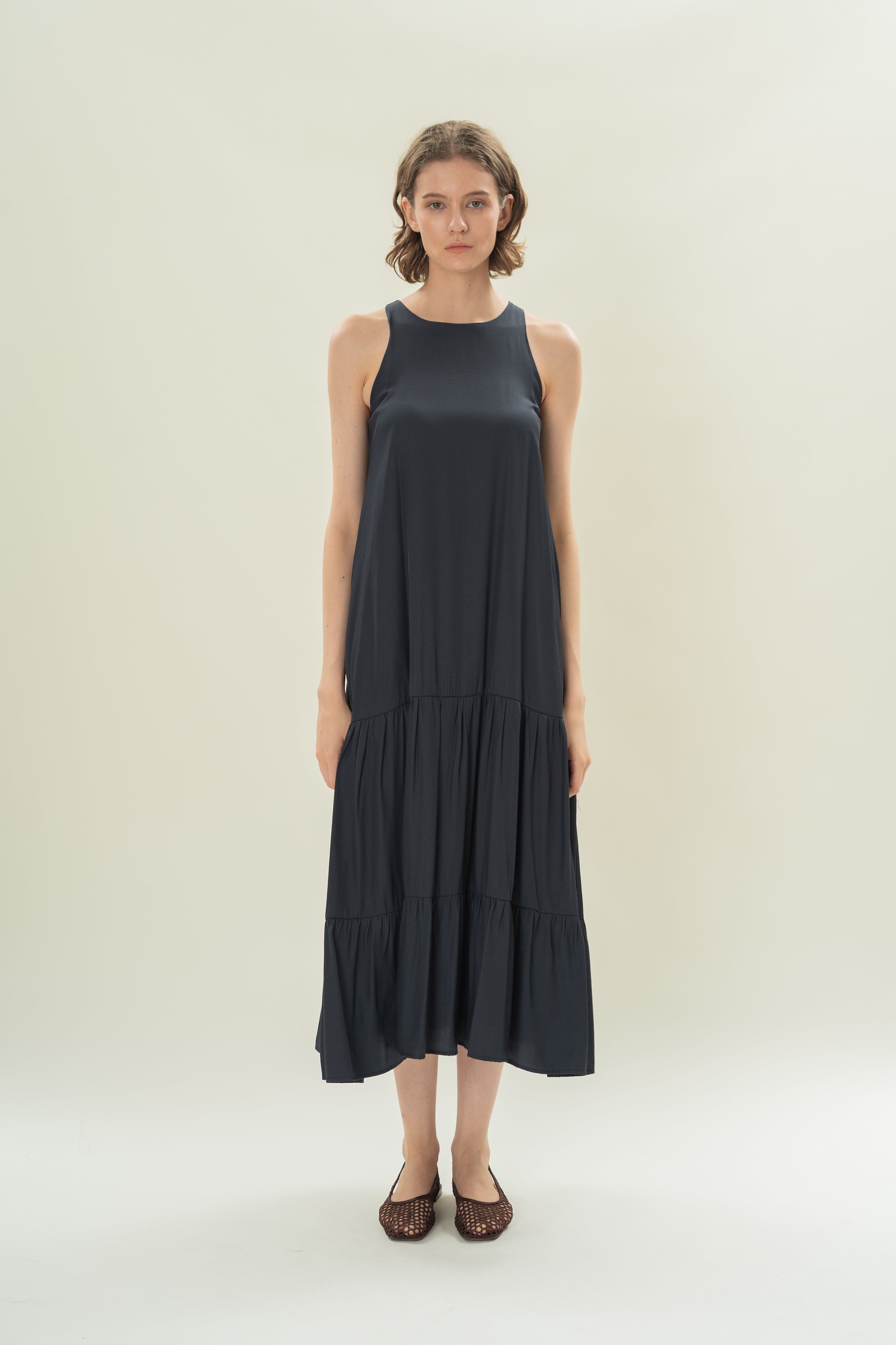 Cotton Blend Tiered Maxi Dress in Dark Navy