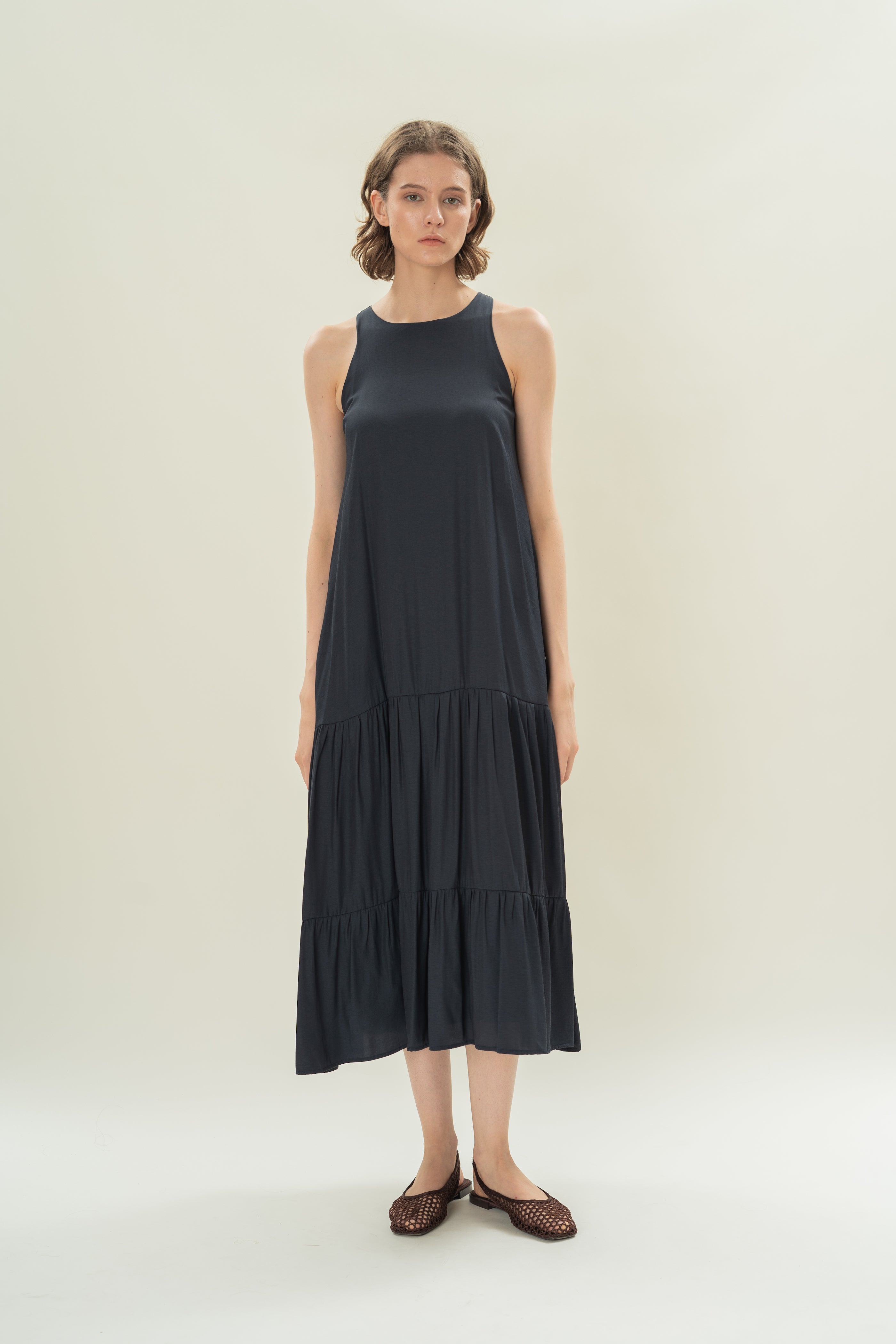 Cotton Blend Tiered Maxi Dress in Dark Navy