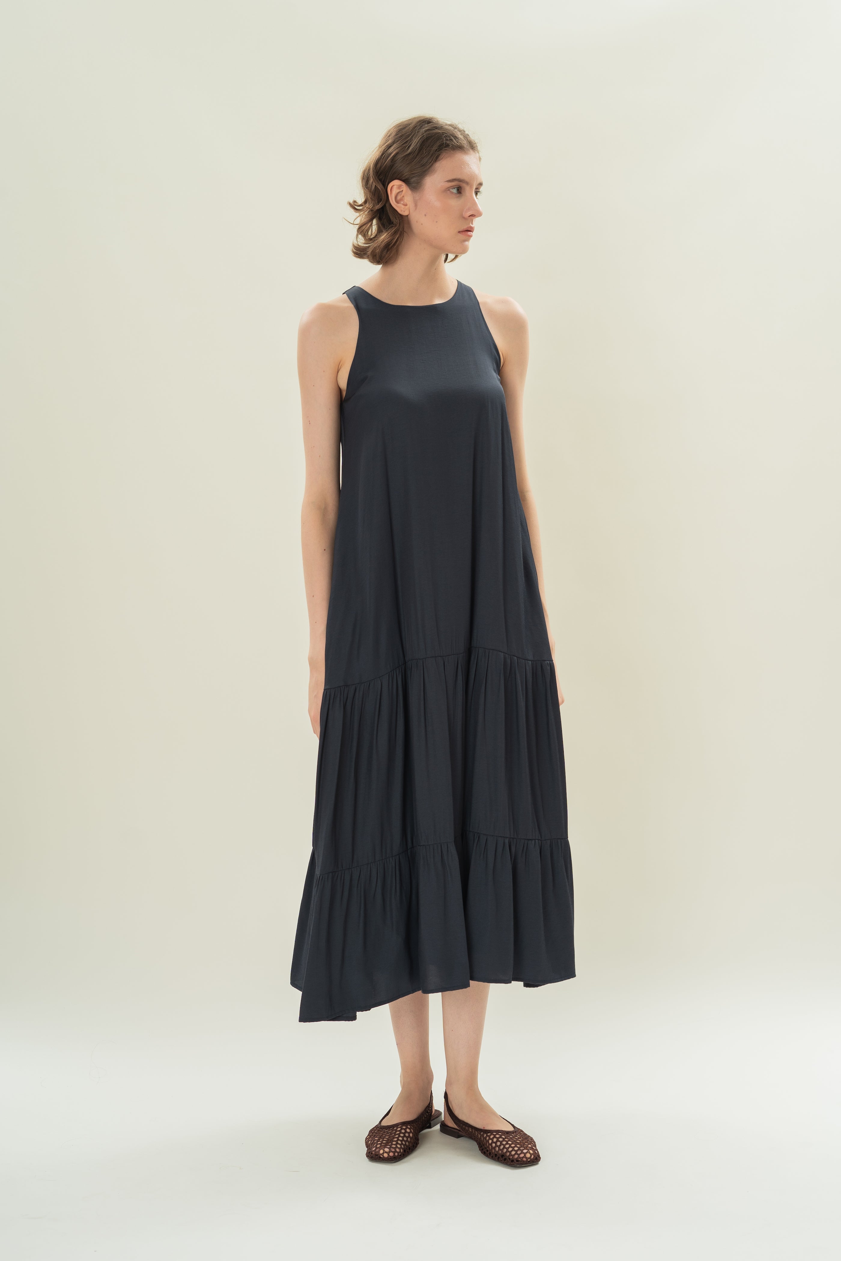 Cotton Blend Tiered Maxi Dress in Dark Navy