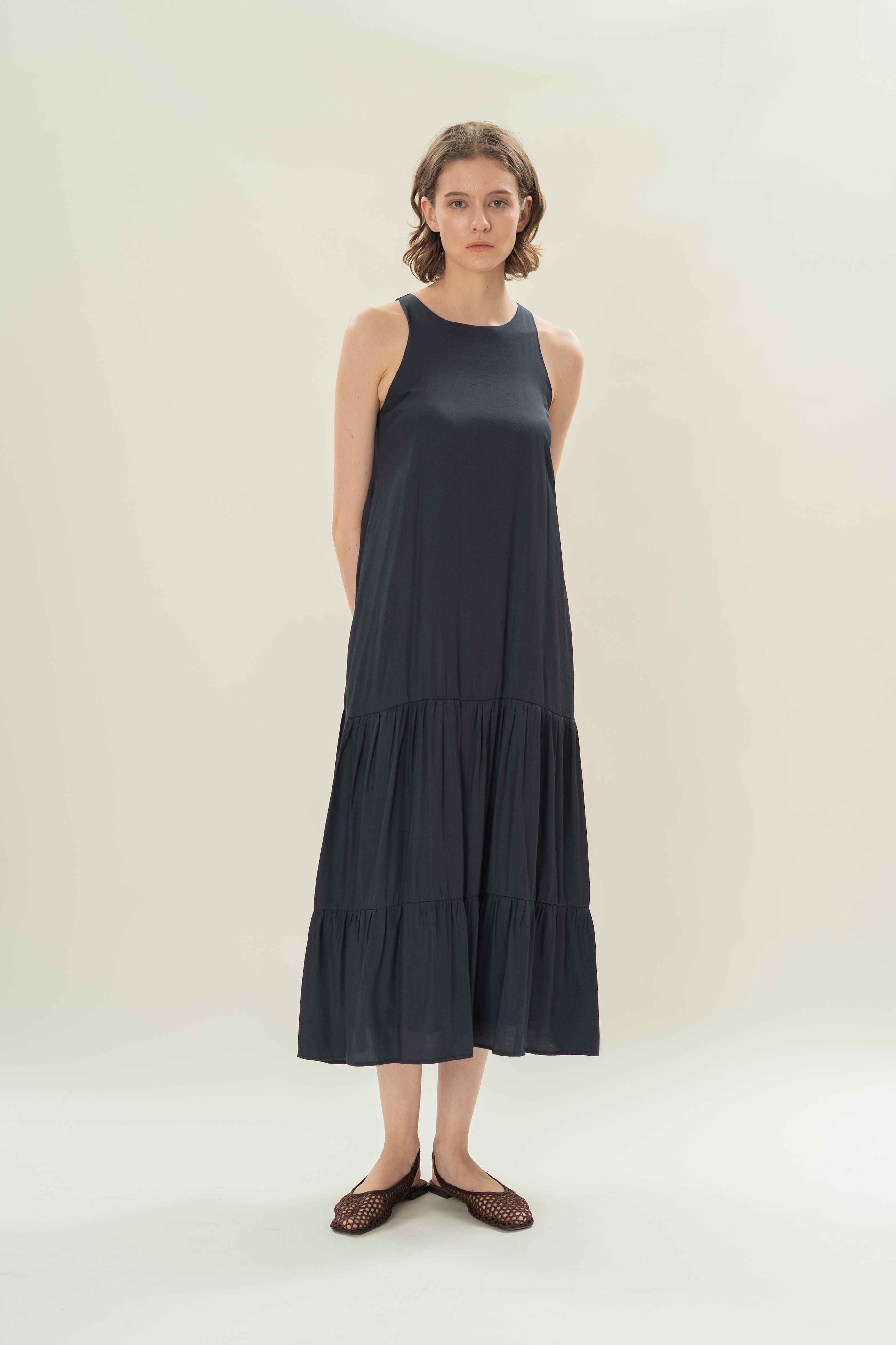 Cotton Blend Tiered Maxi Dress in Dark Navy