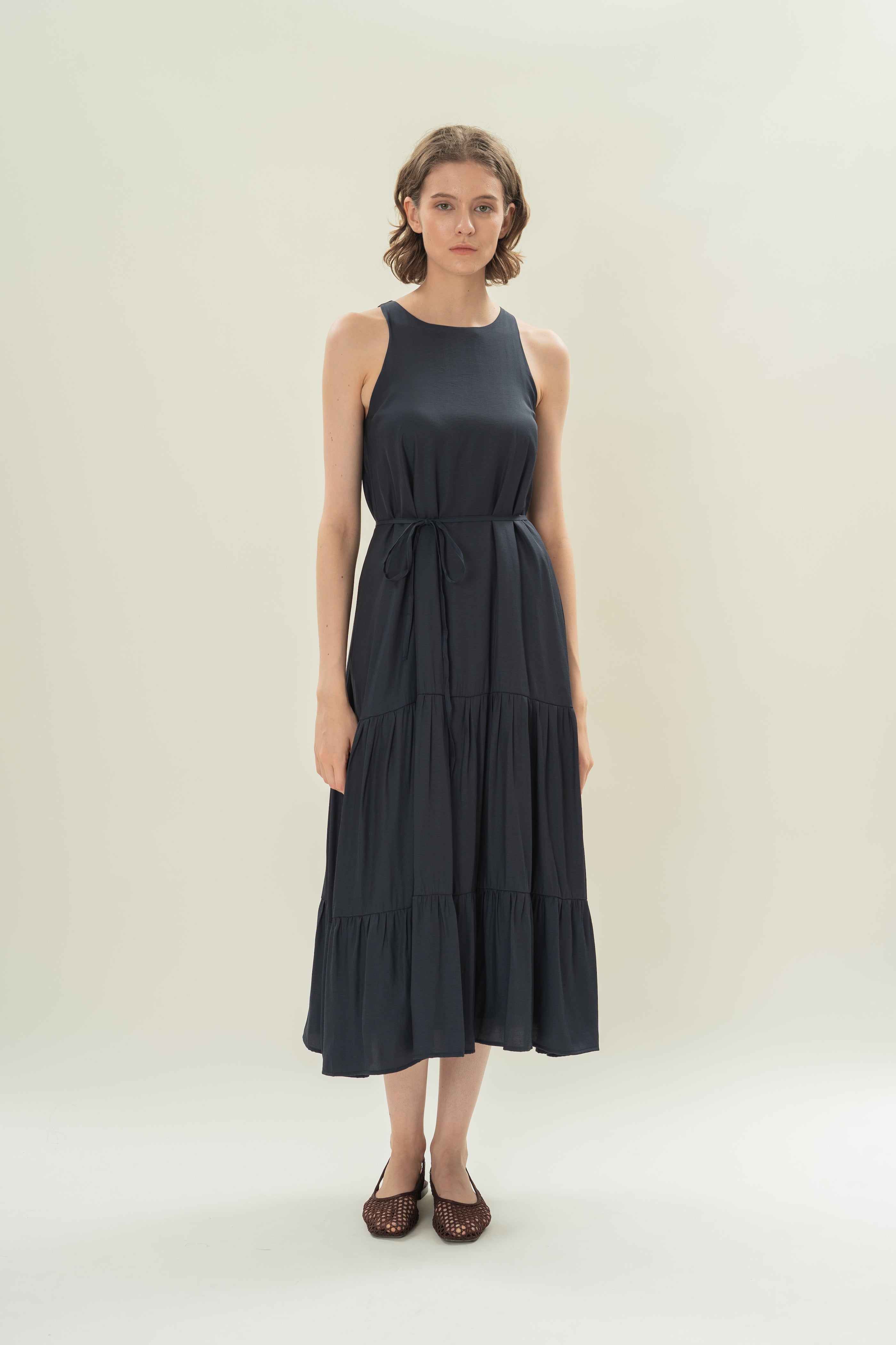 Cotton Blend Tiered Maxi Dress in Dark Navy