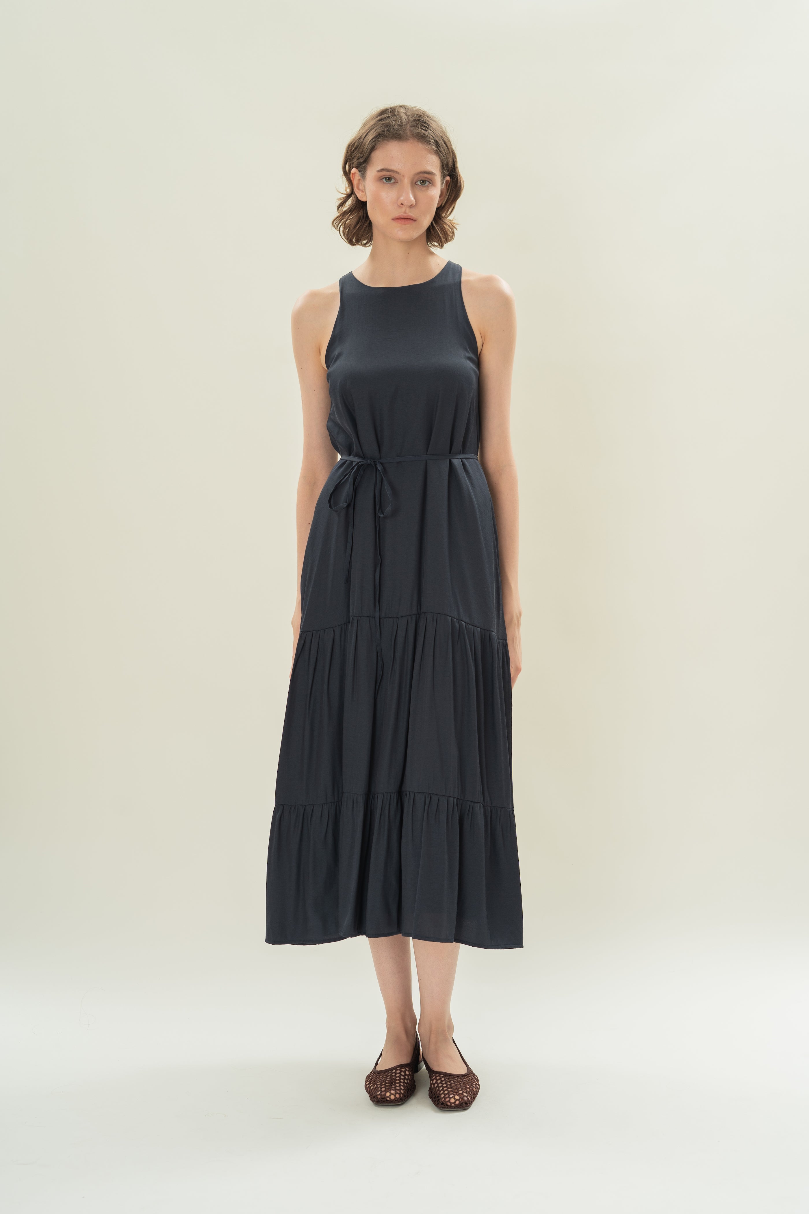 Cotton Blend Tiered Maxi Dress in Dark Navy