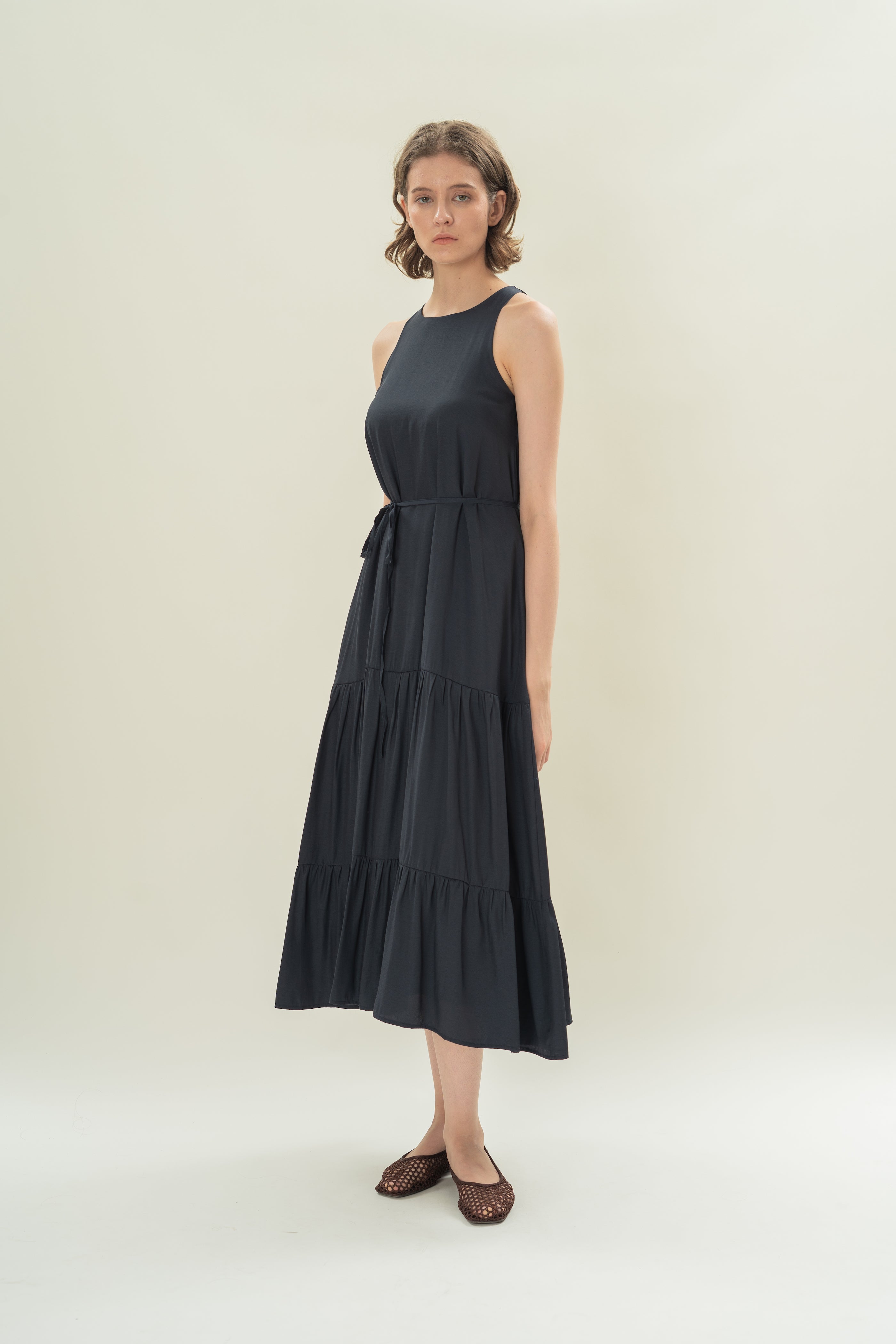 Cotton Blend Tiered Maxi Dress in Dark Navy