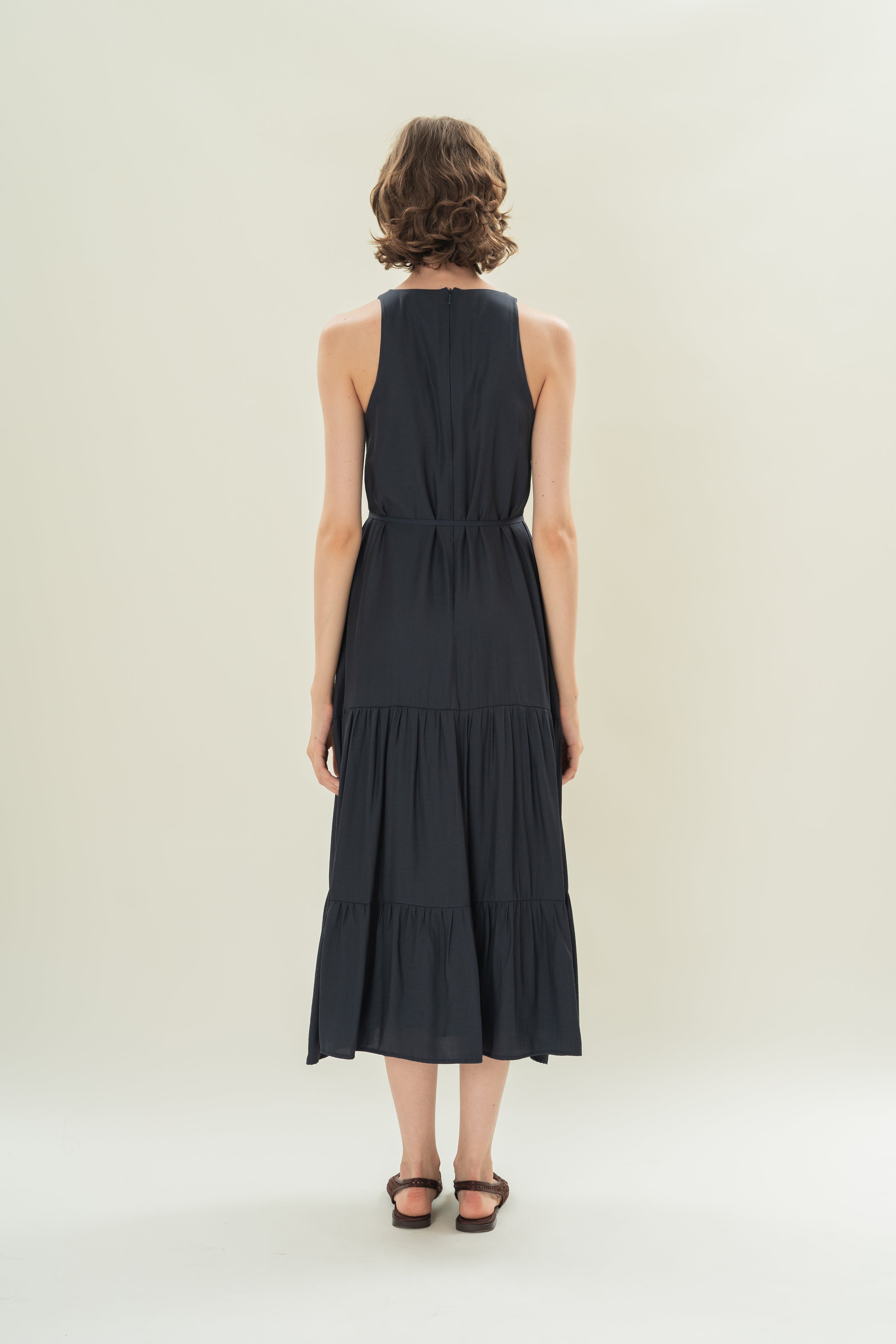 Cotton Blend Tiered Maxi Dress in Dark Navy