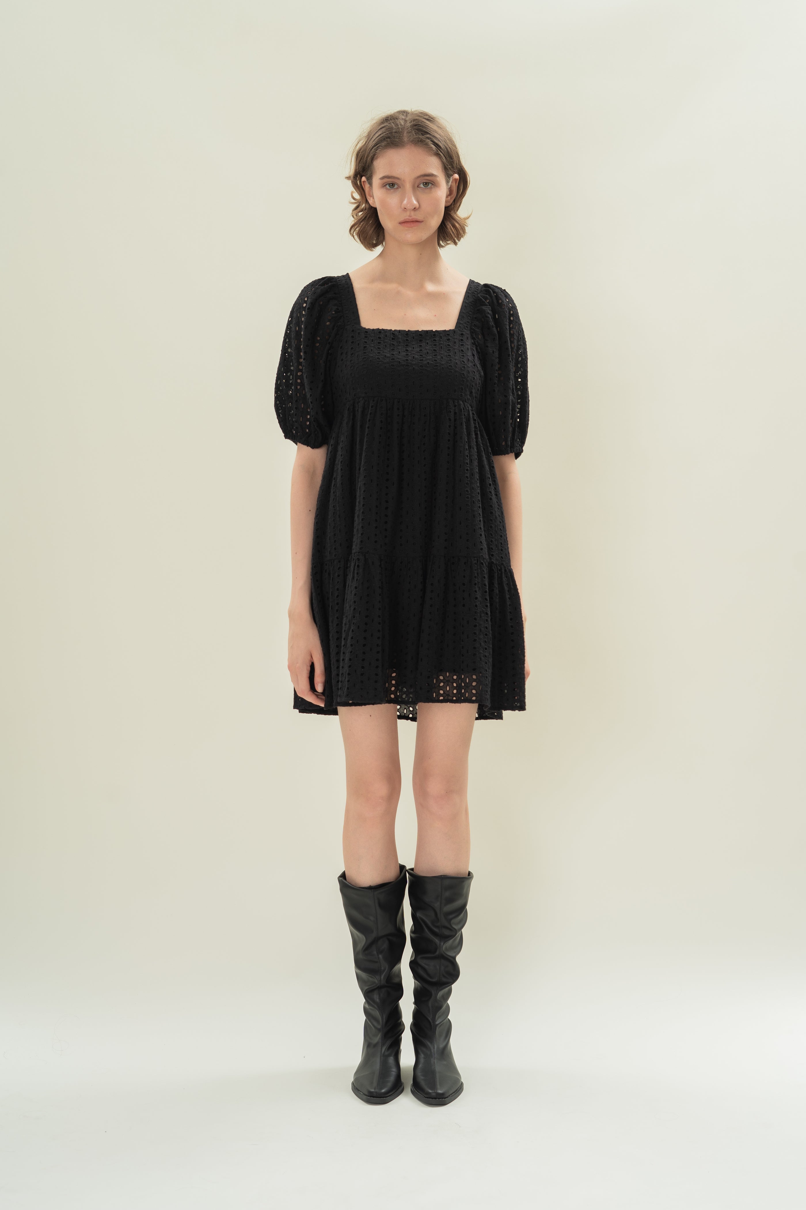 Broderie Square Neck Mini Dress in Black