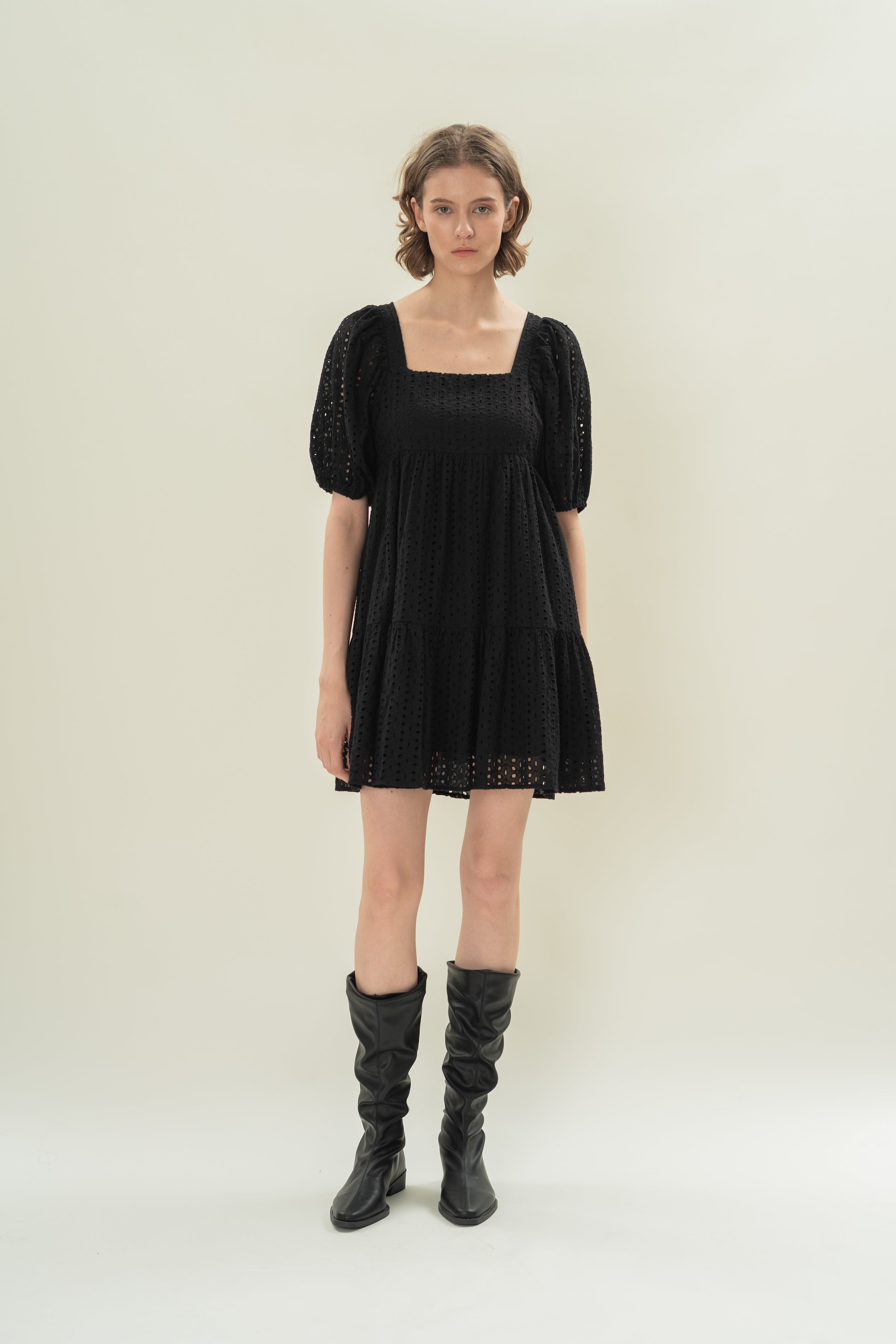 Broderie Square Neck Mini Dress in Black