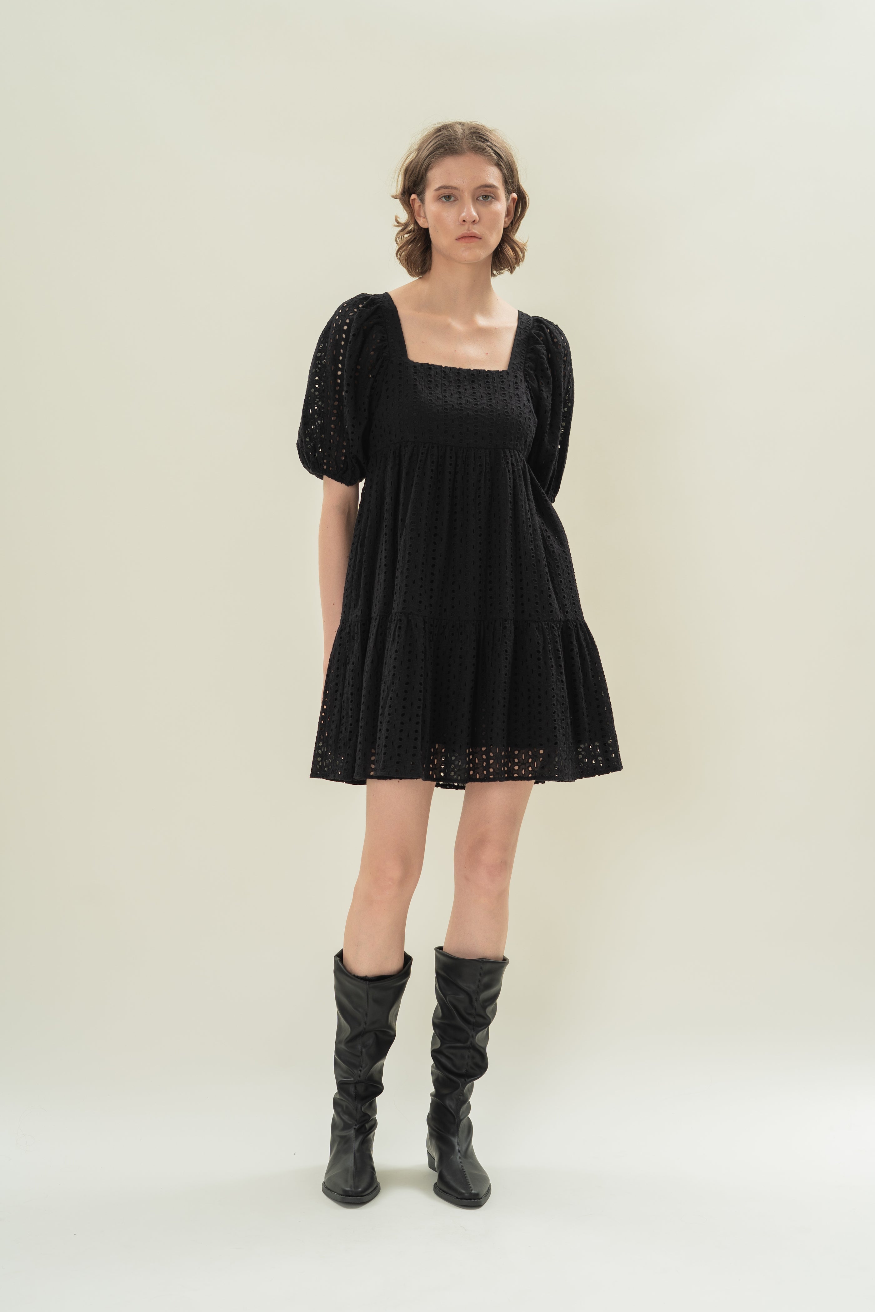 Broderie Square Neck Mini Dress in Black