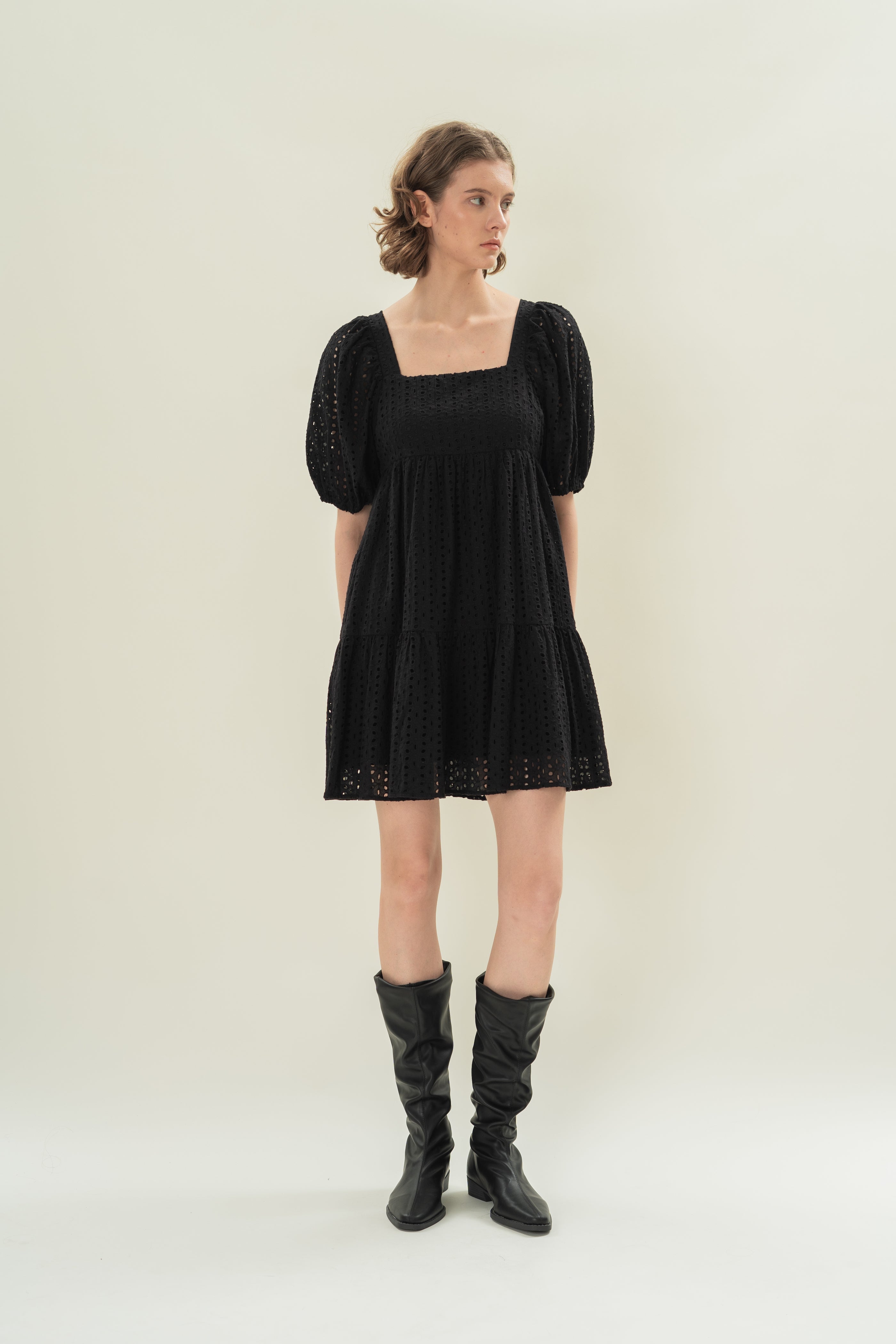 Broderie Square Neck Mini Dress in Black