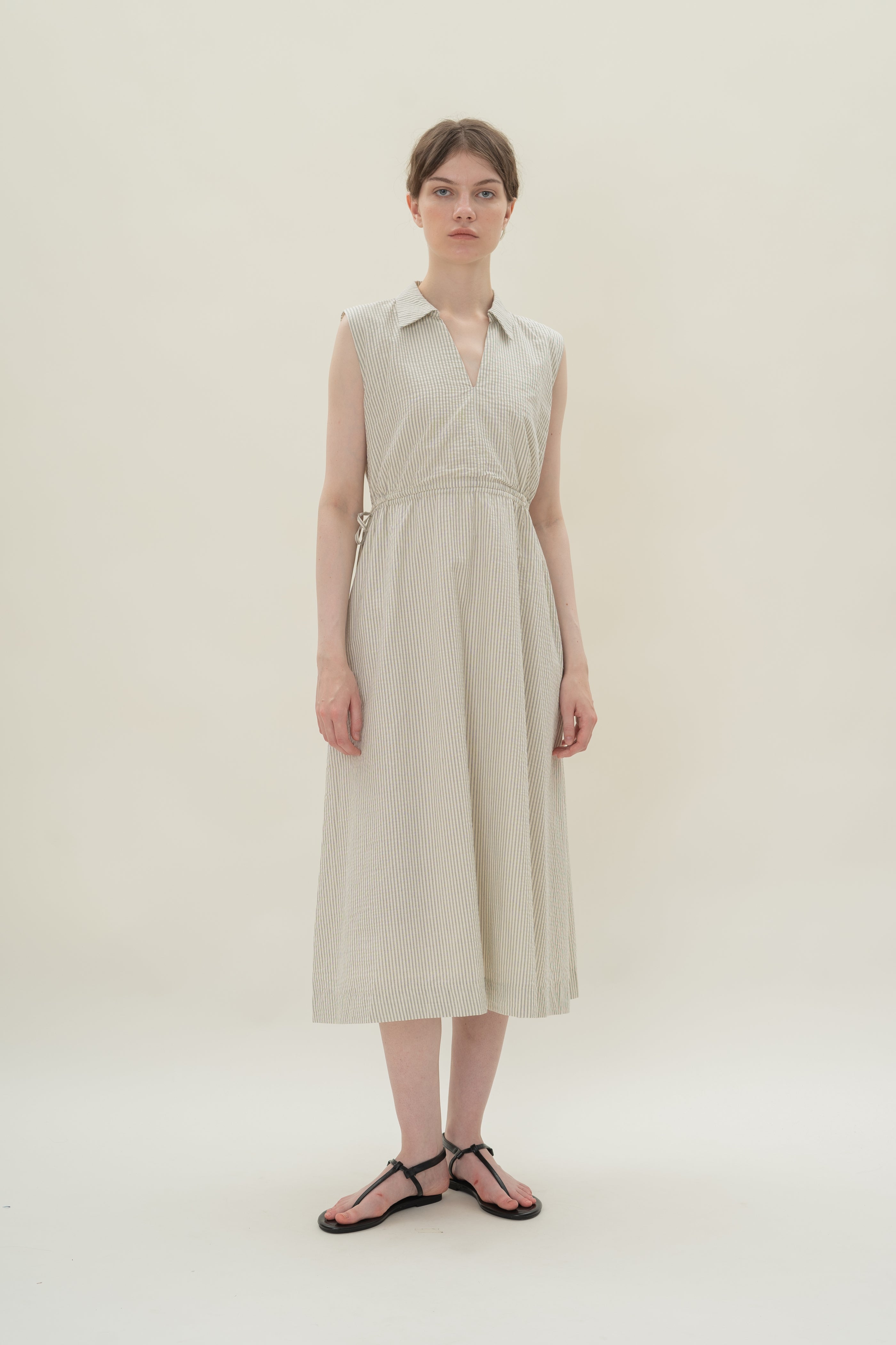 Collared Dress With Cut-Out in Seersucker Blue Stripes