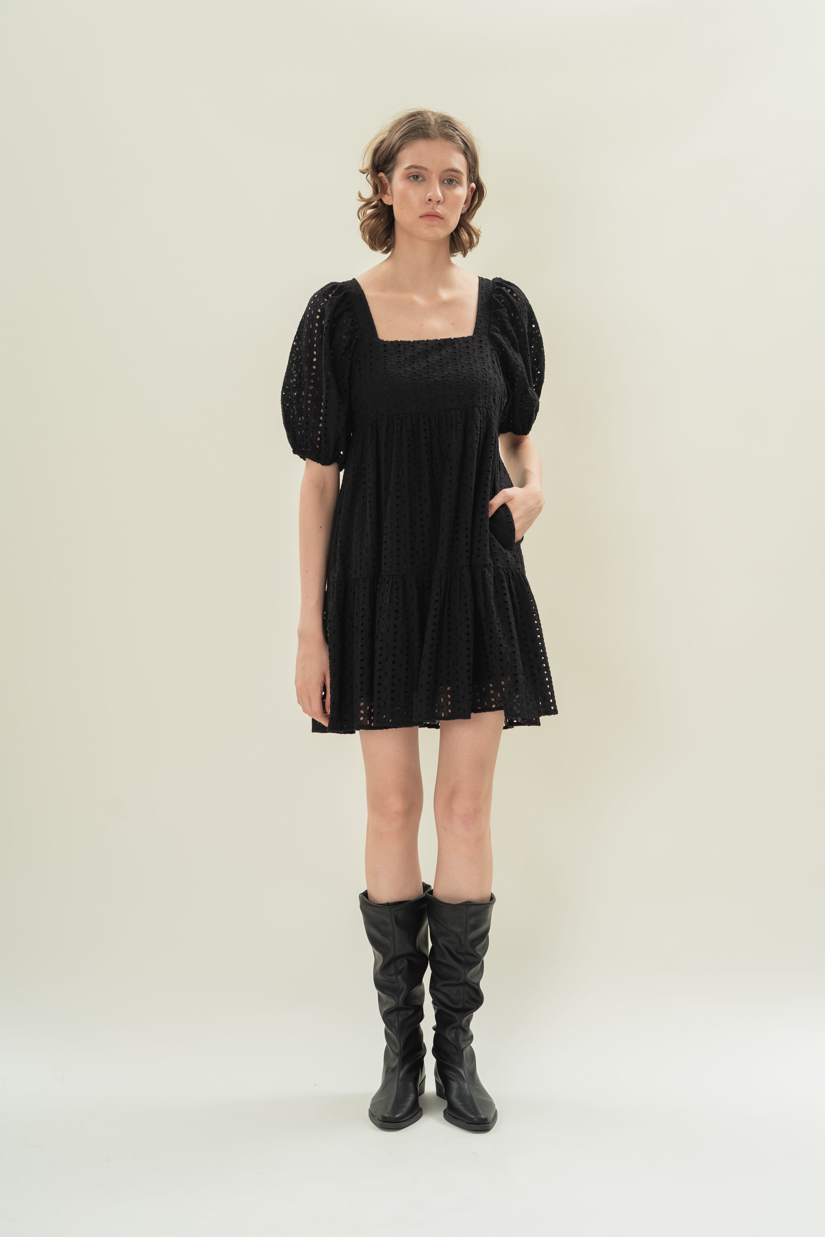 Broderie Square Neck Mini Dress in Black