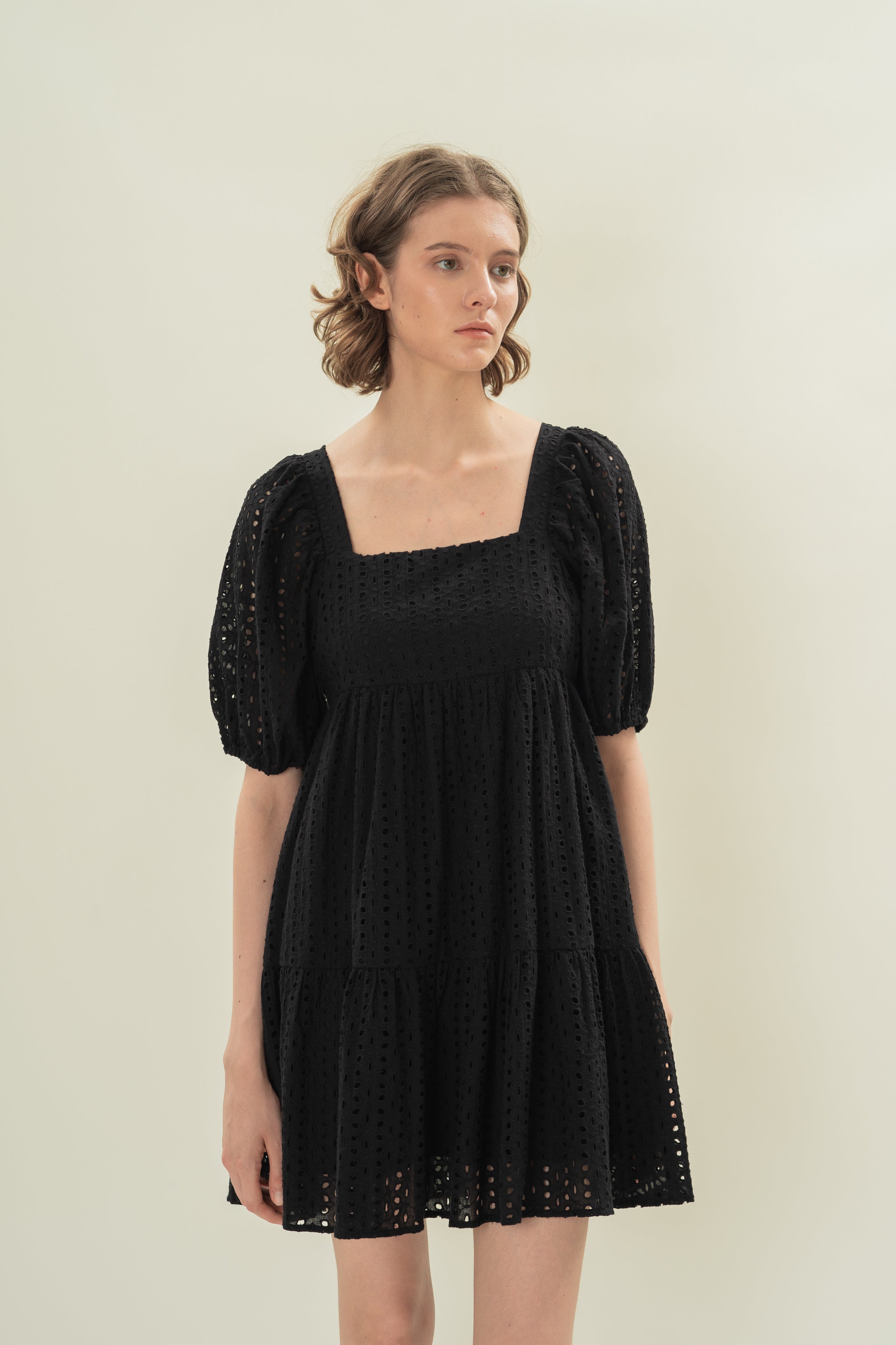 Broderie Square Neck Mini Dress in Black