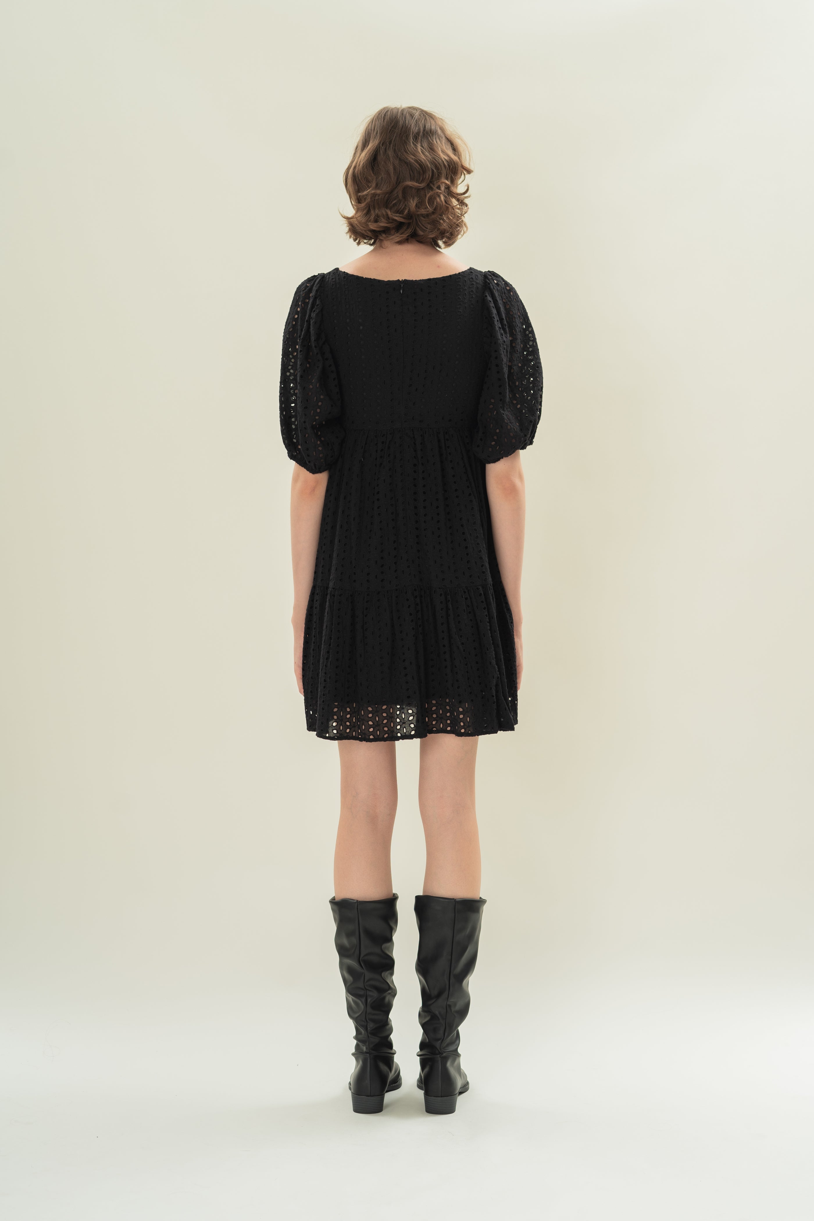 Broderie Square Neck Mini Dress in Black