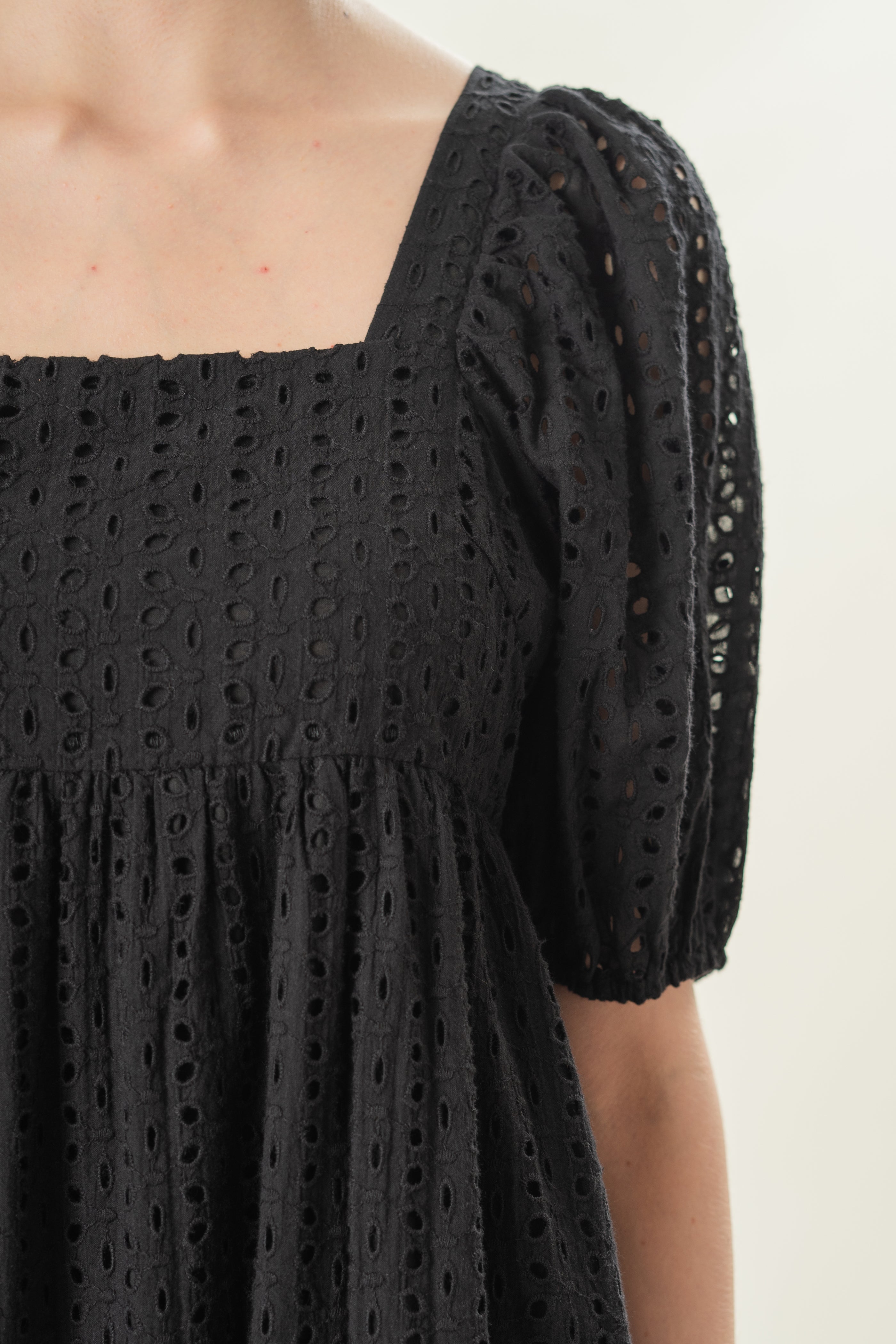 Broderie Square Neck Mini Dress in Black