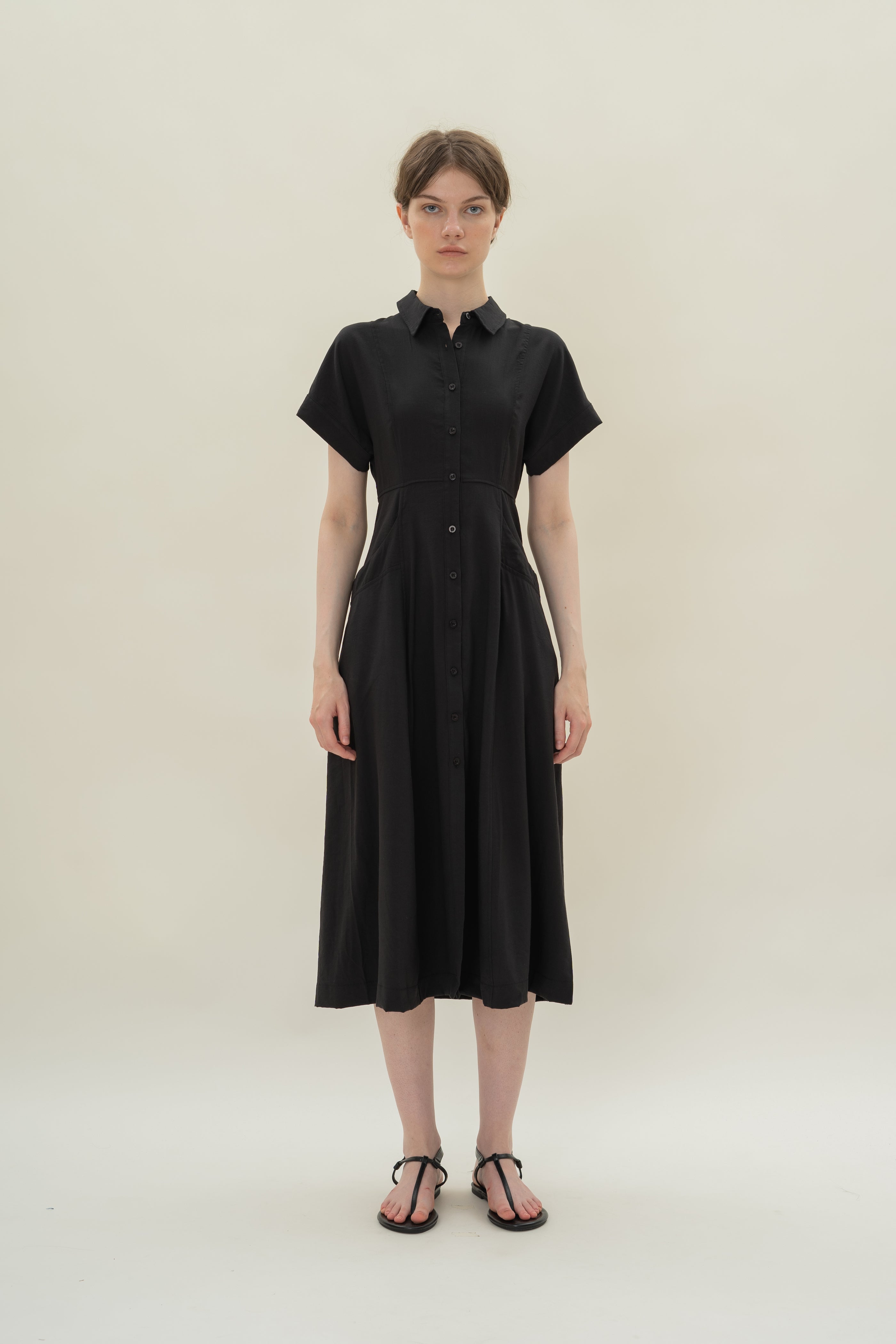 A-line Shirt Dress with Pockets in Black