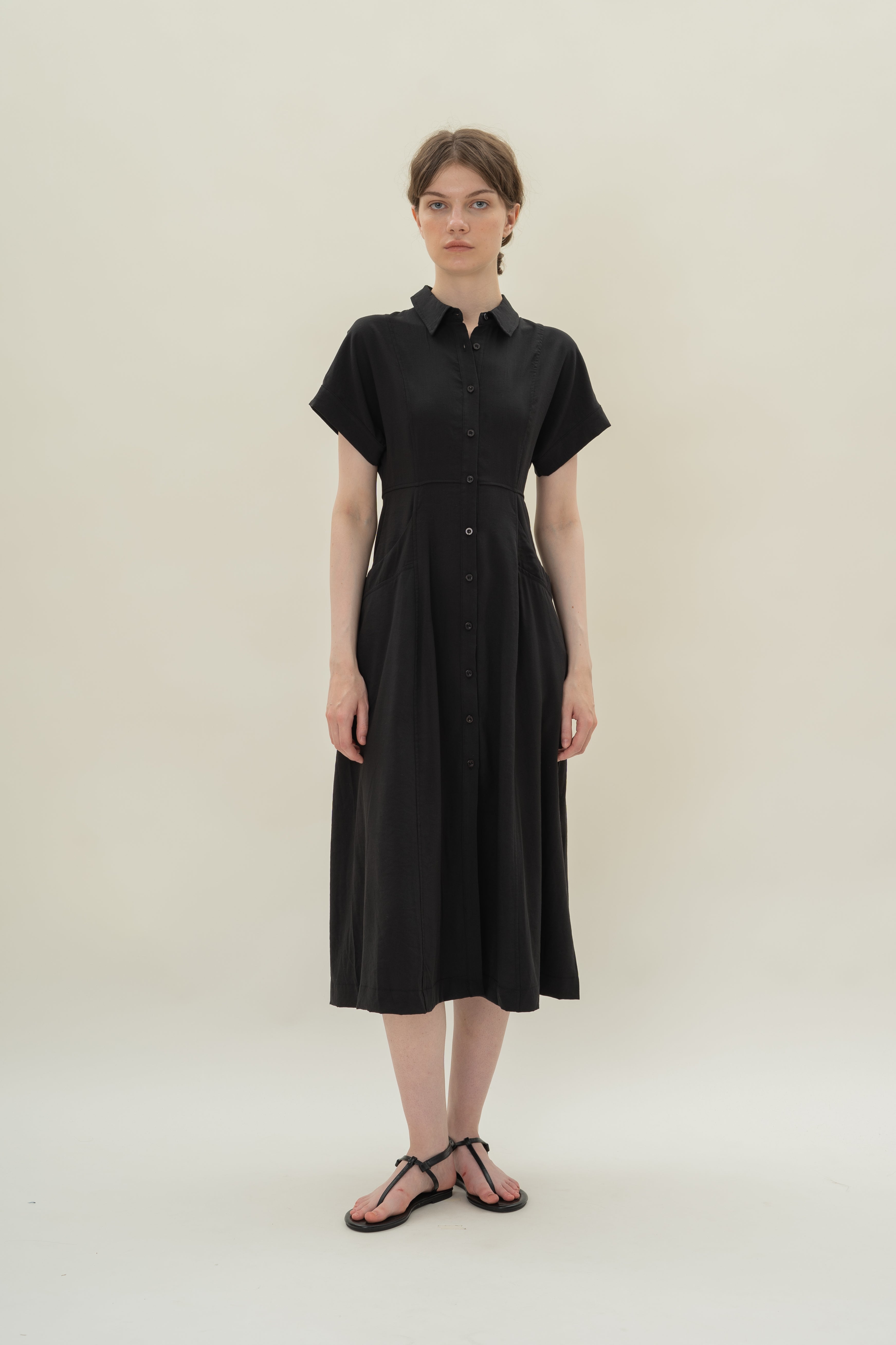 A-line Shirt Dress with Pockets in Black