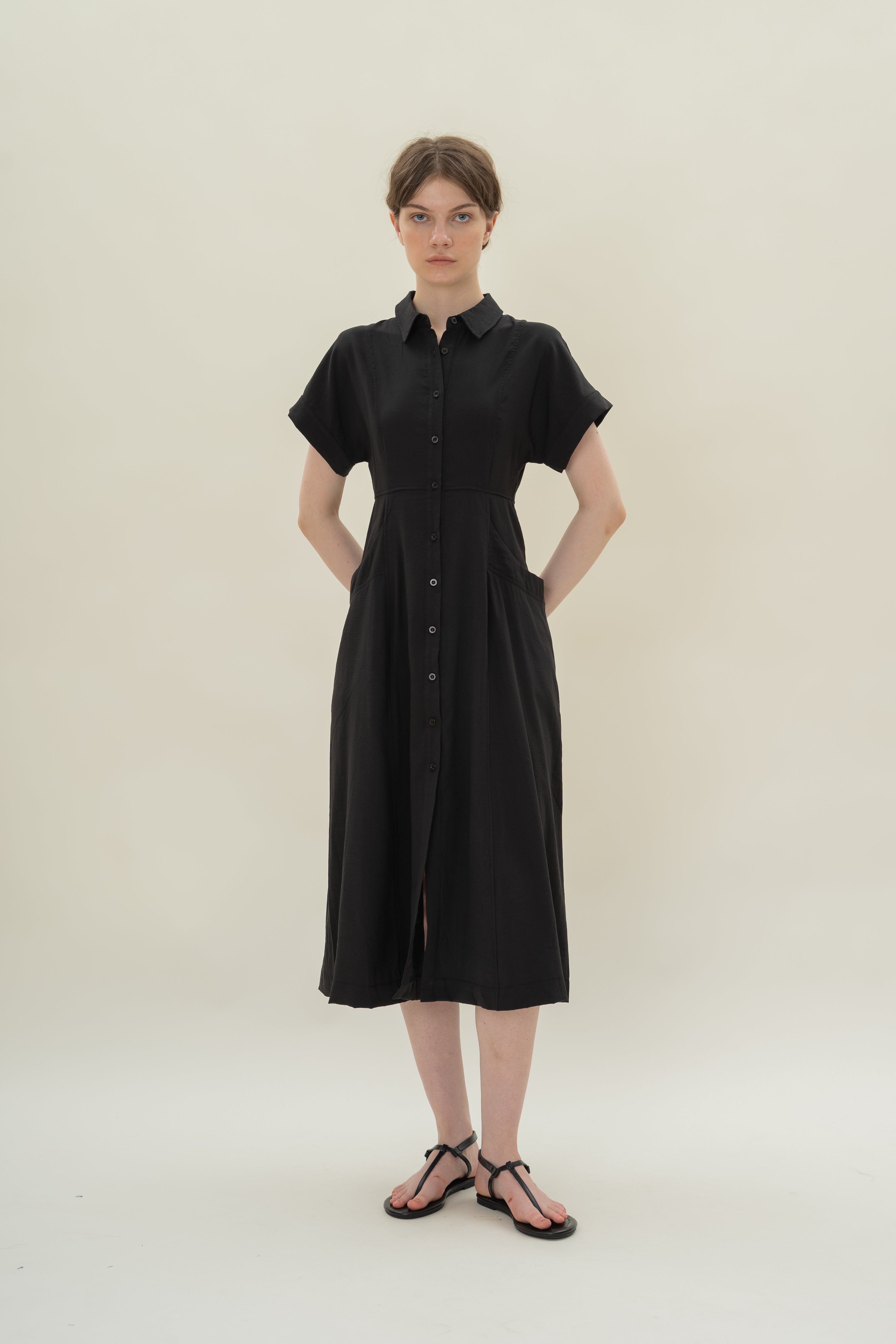 A-line Shirt Dress with Pockets in Black