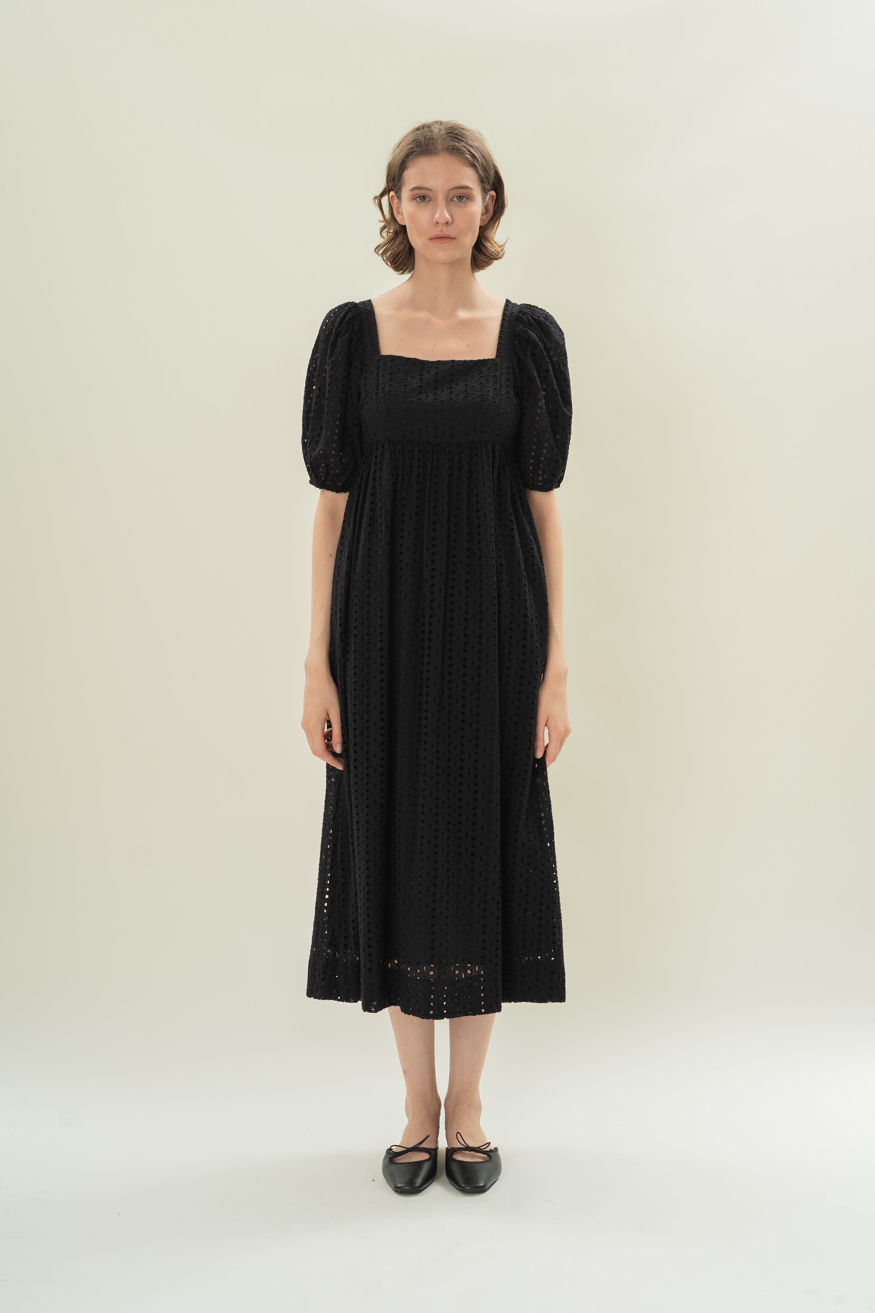 Broderie Midi Dress in Black