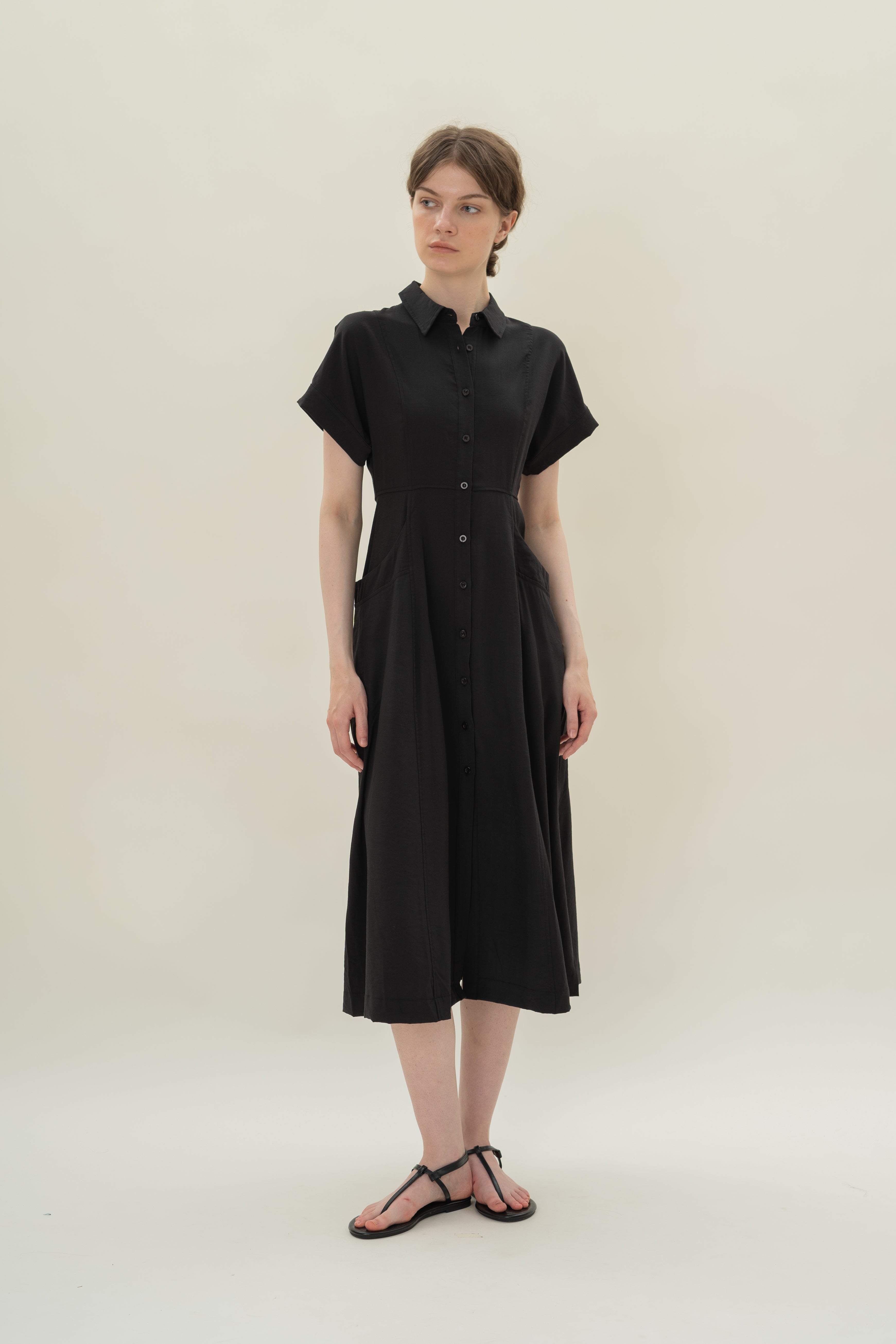 A-line Shirt Dress with Pockets in Black