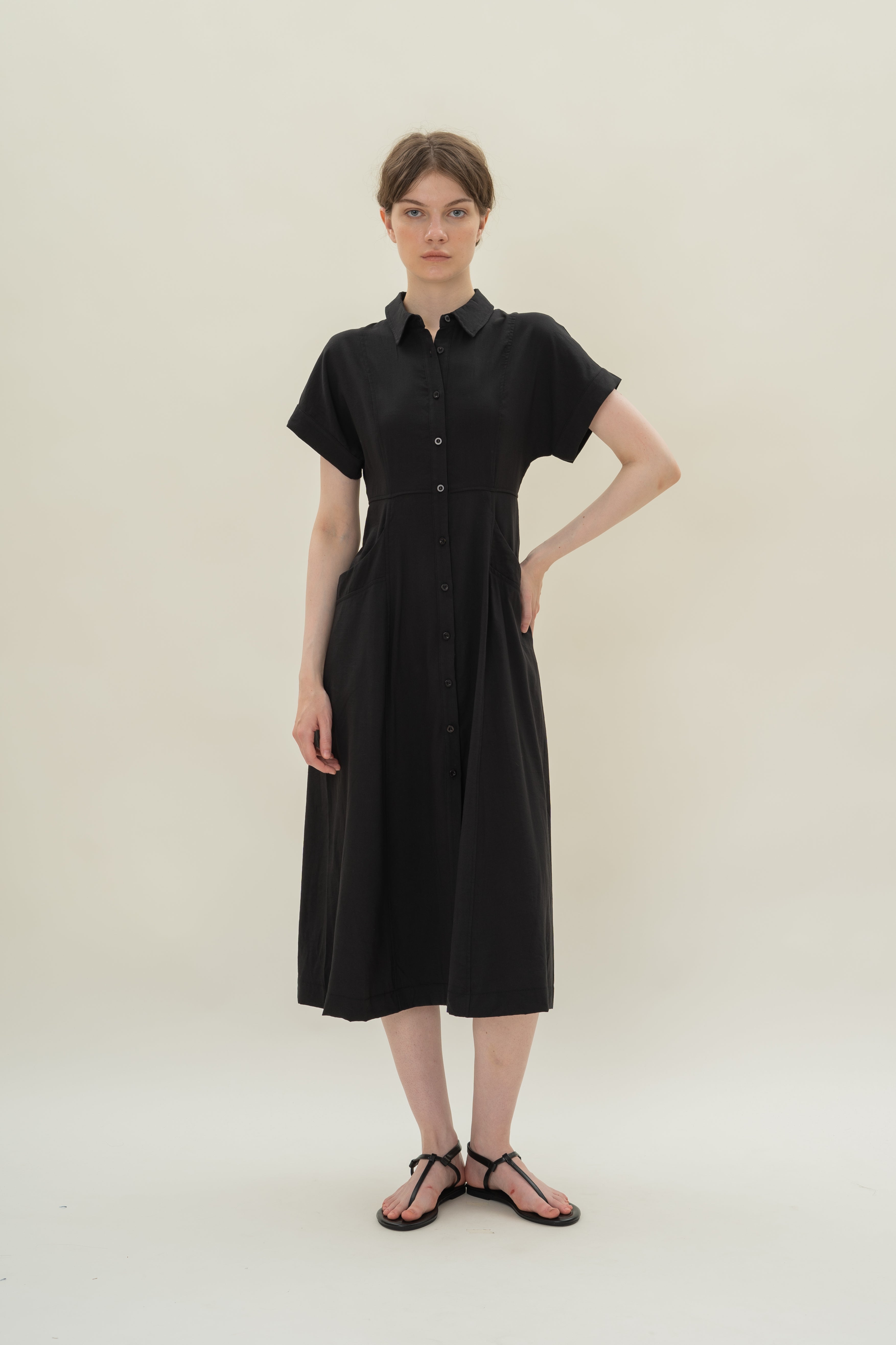 A-line Shirt Dress with Pockets in Black