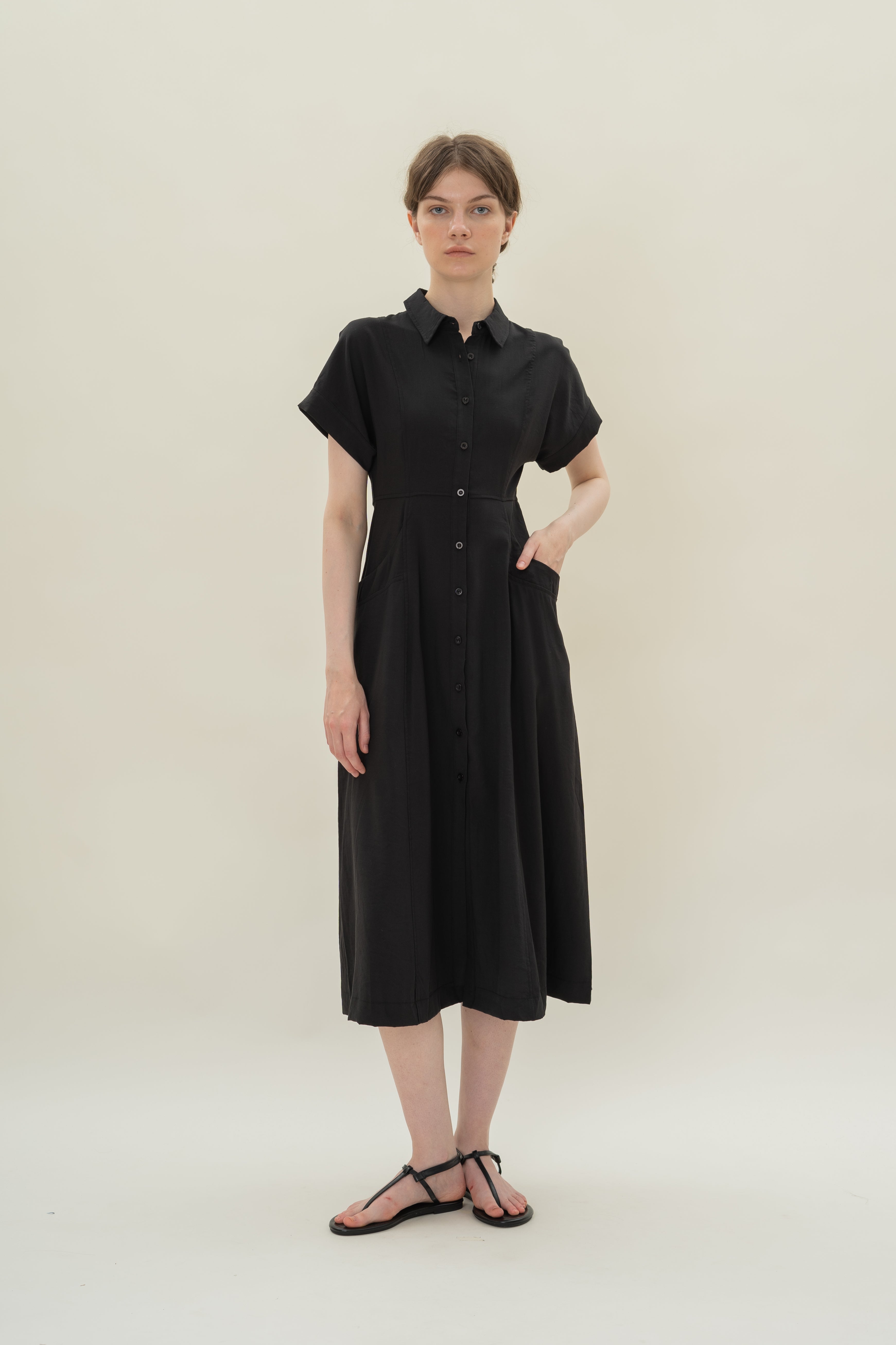A-line Shirt Dress with Pockets in Black