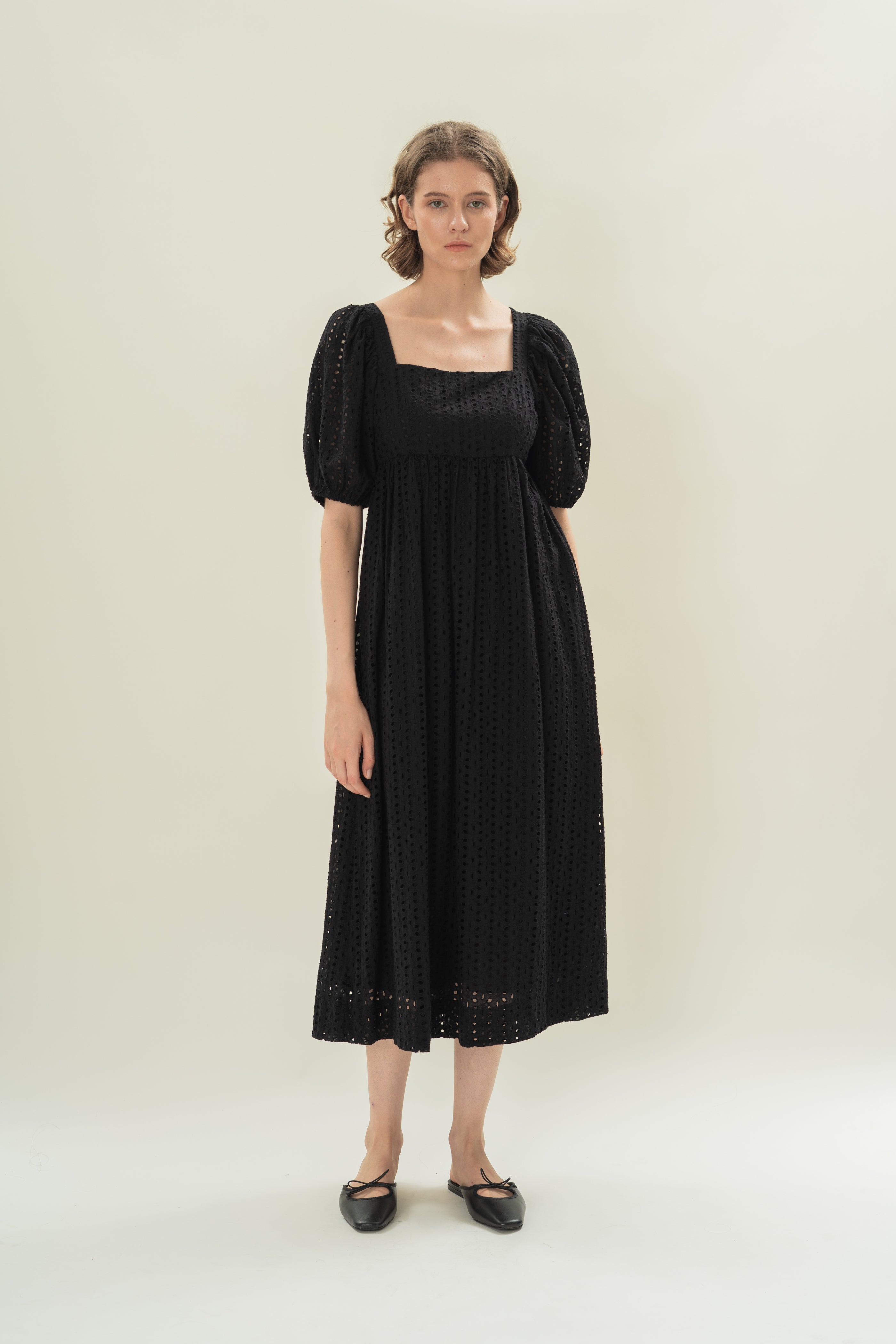 Broderie Midi Dress in Black