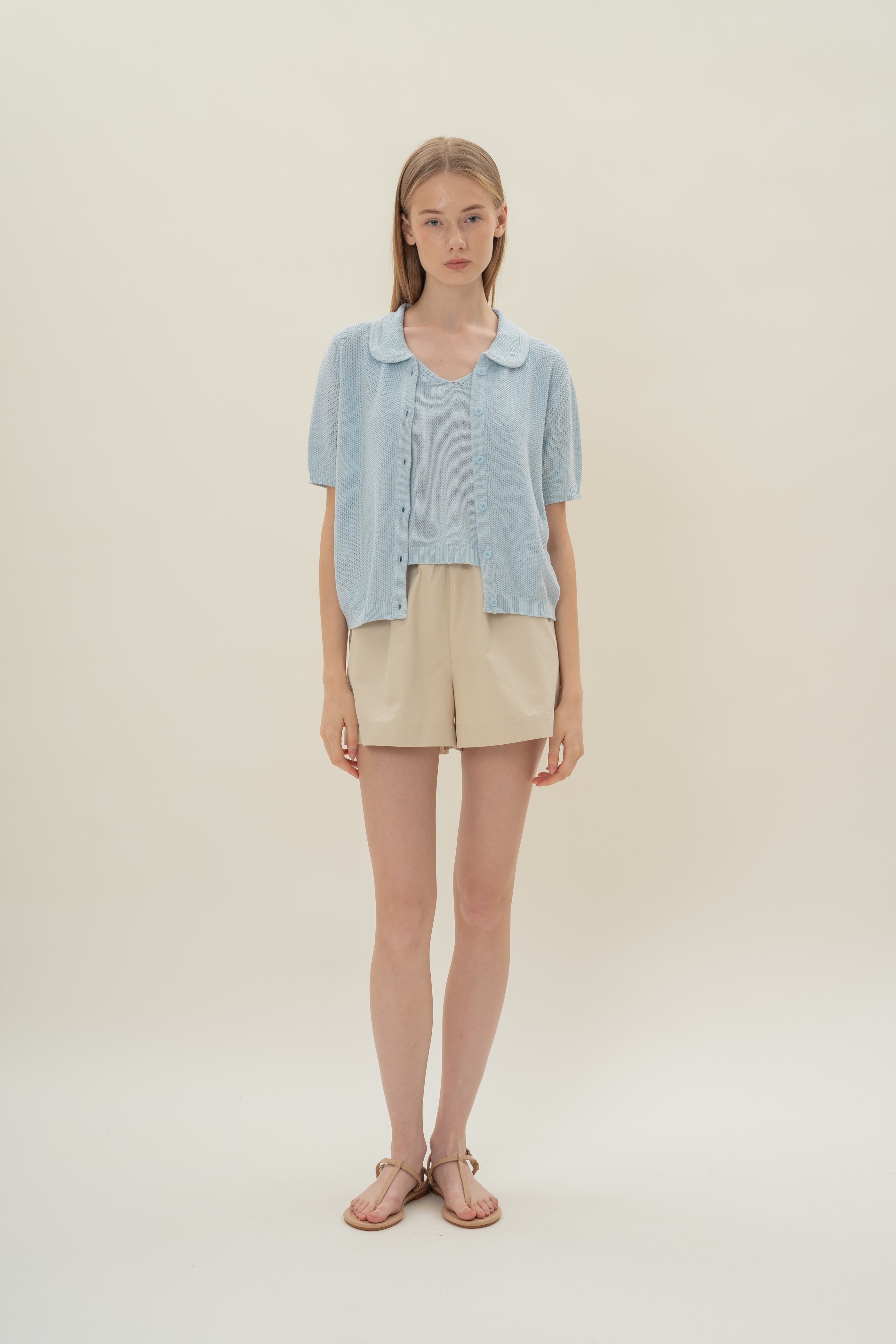 Loose Knit Collared Top in Lake Blue