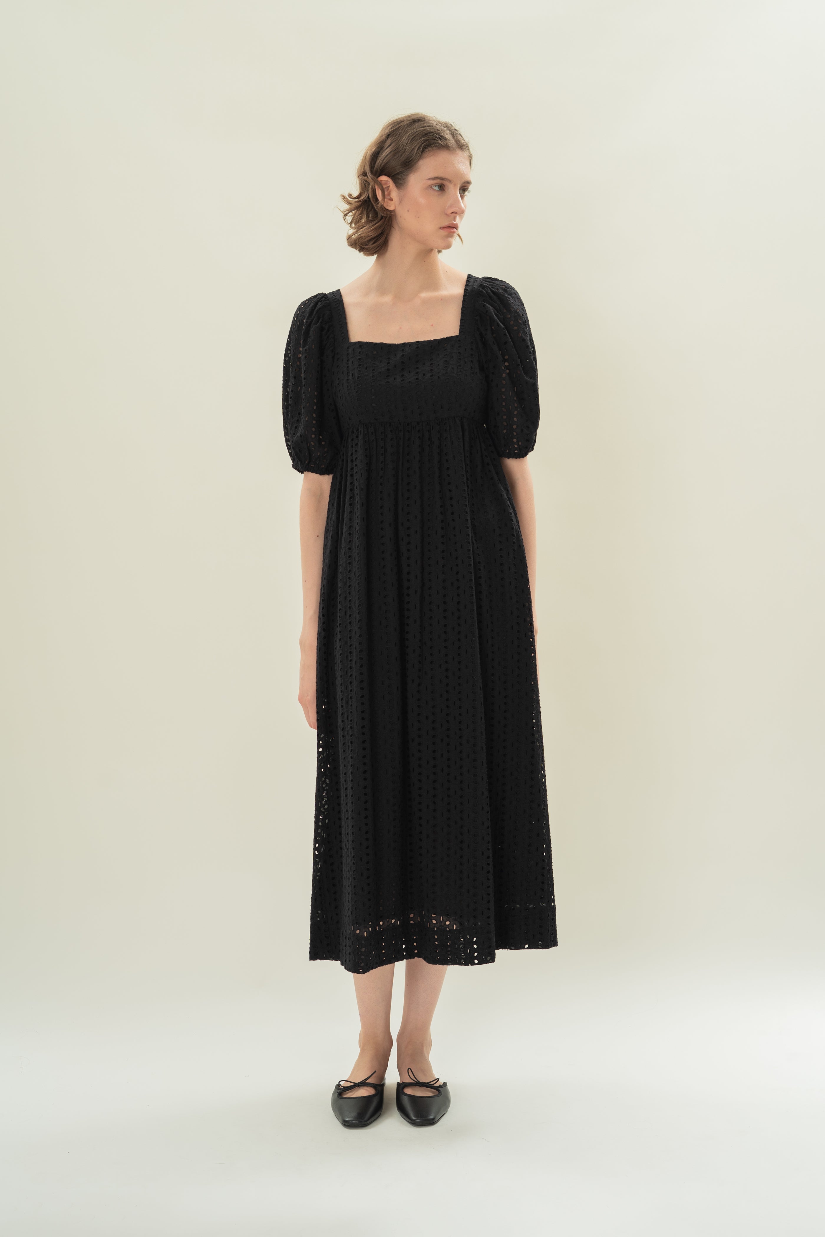 Broderie Midi Dress in Black